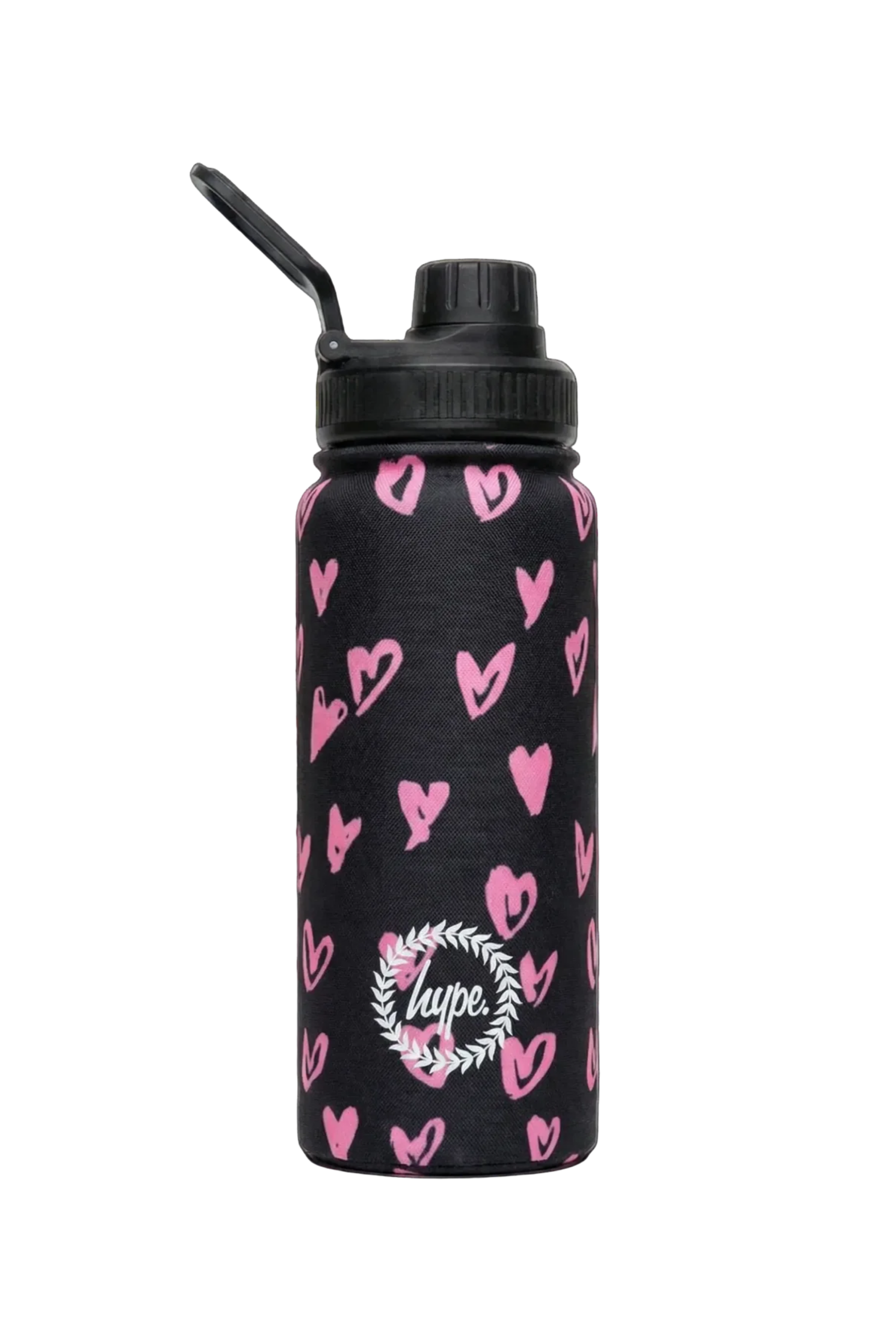 Insulated Bottle - 600ml Black & Pink Scribble Heart