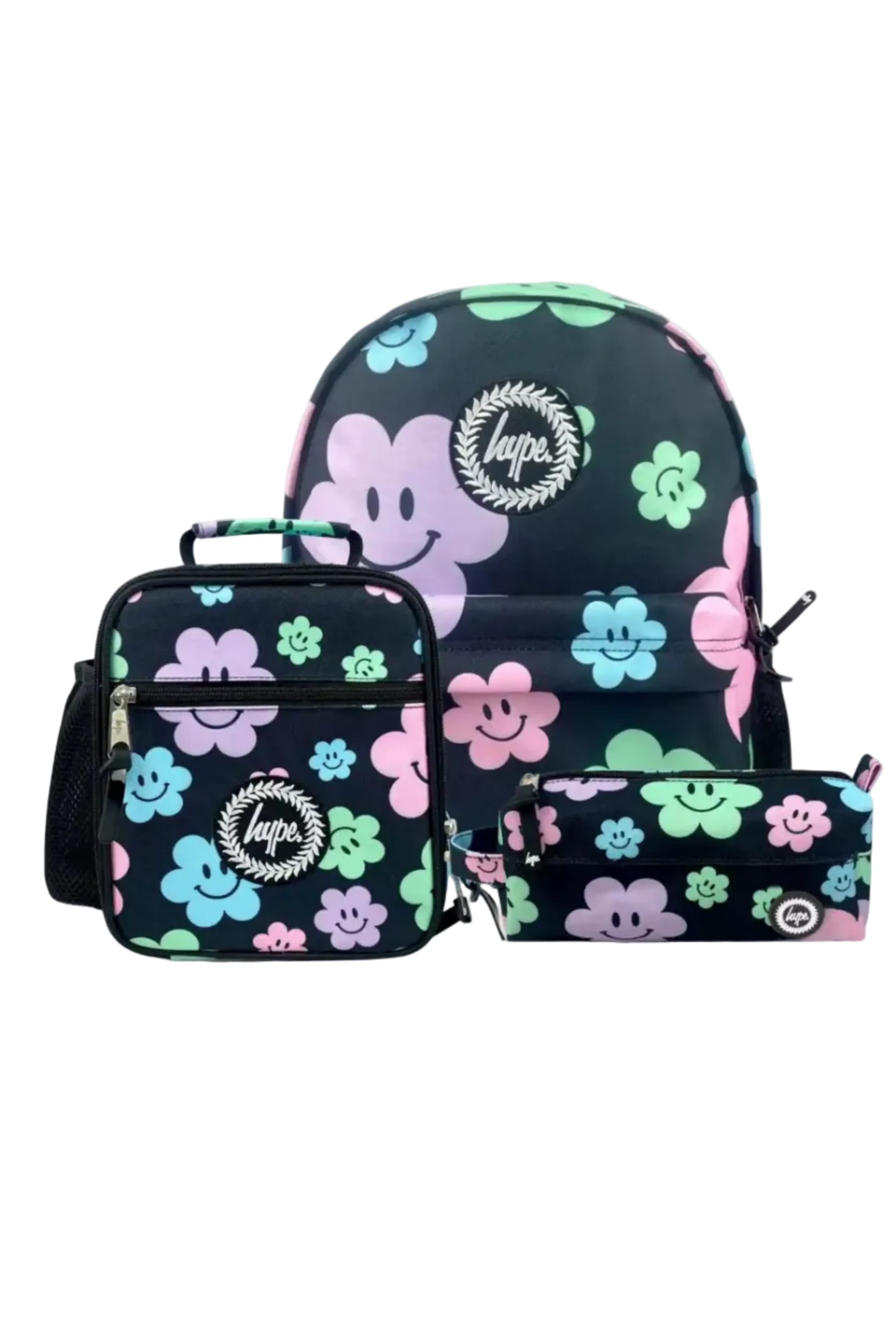Hype Black Happy Flowers girls' school bag set — bold design for school in UAE