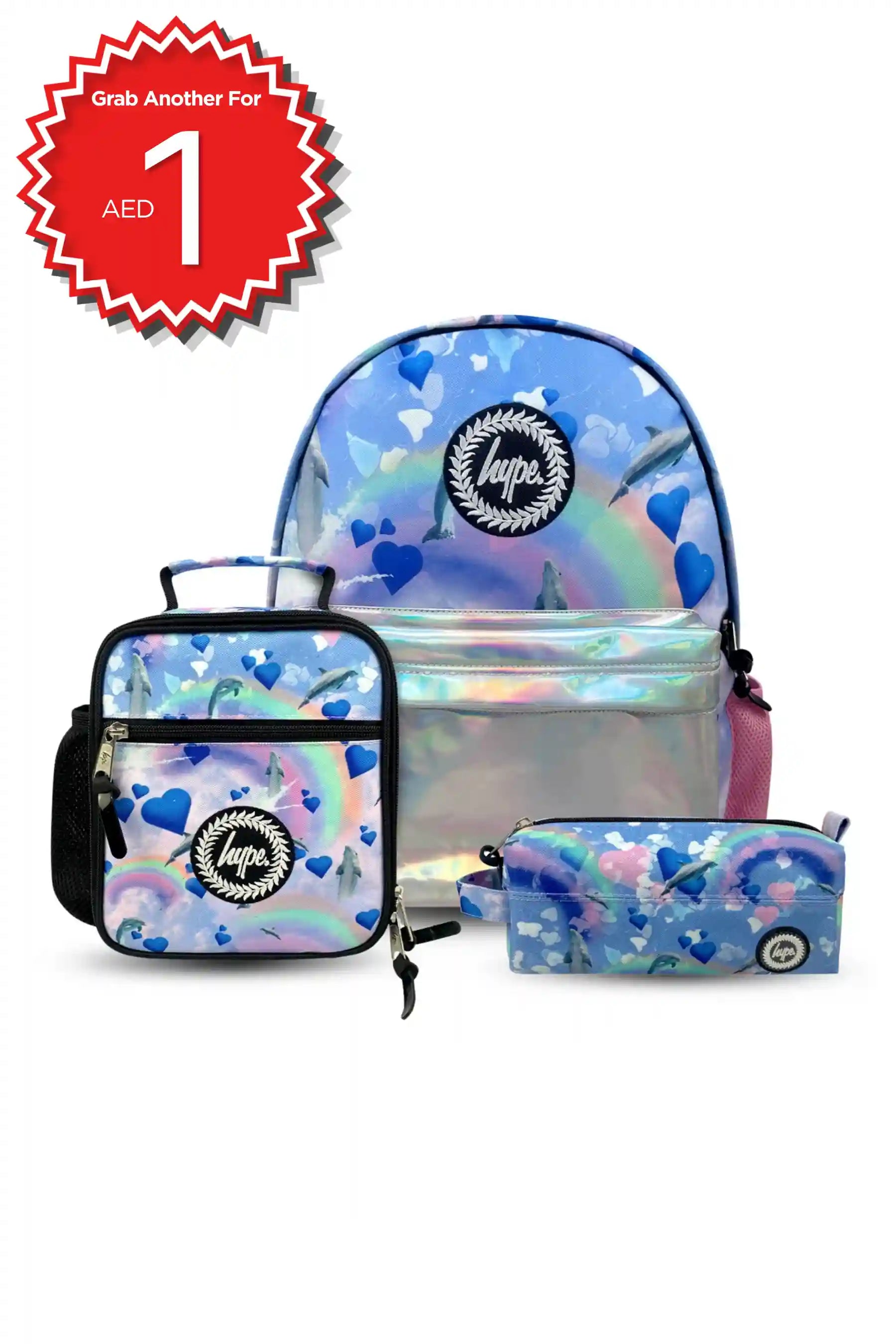 Hype Rainbow Dolphins school bag set — bold design for school in UAE