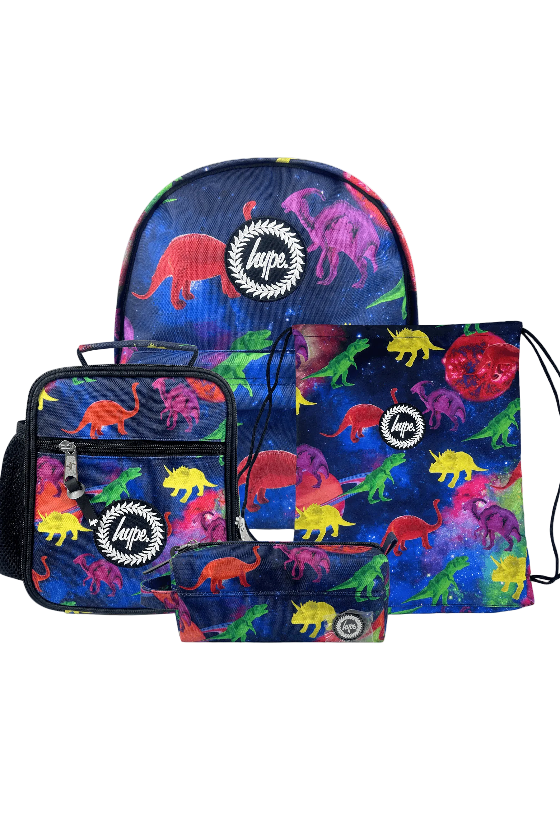 Backpack and pouch with colorful dinosaur pattern, back-to-school essentials