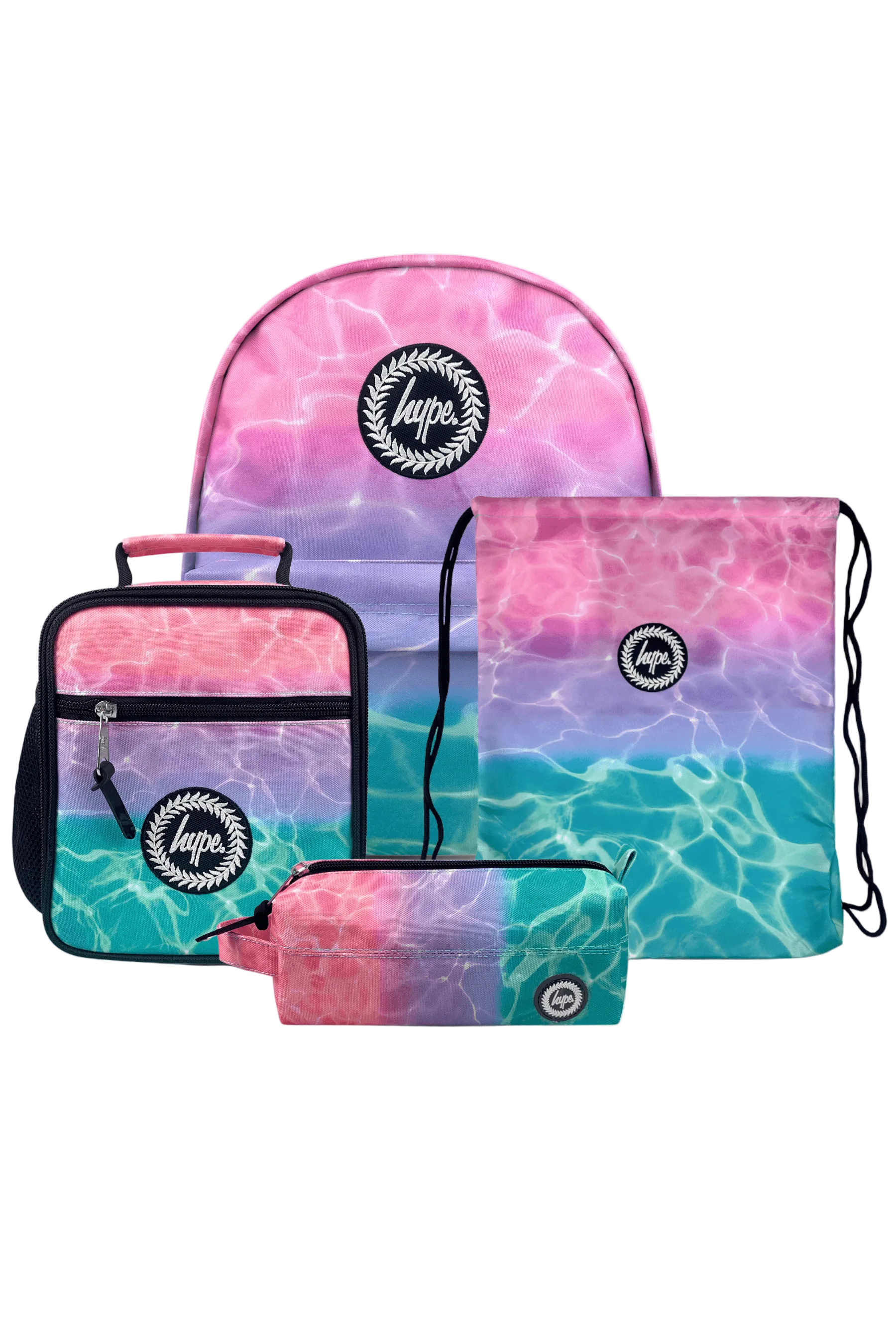 Set of tie-dye bags with a brand logo, back-to-school essentials