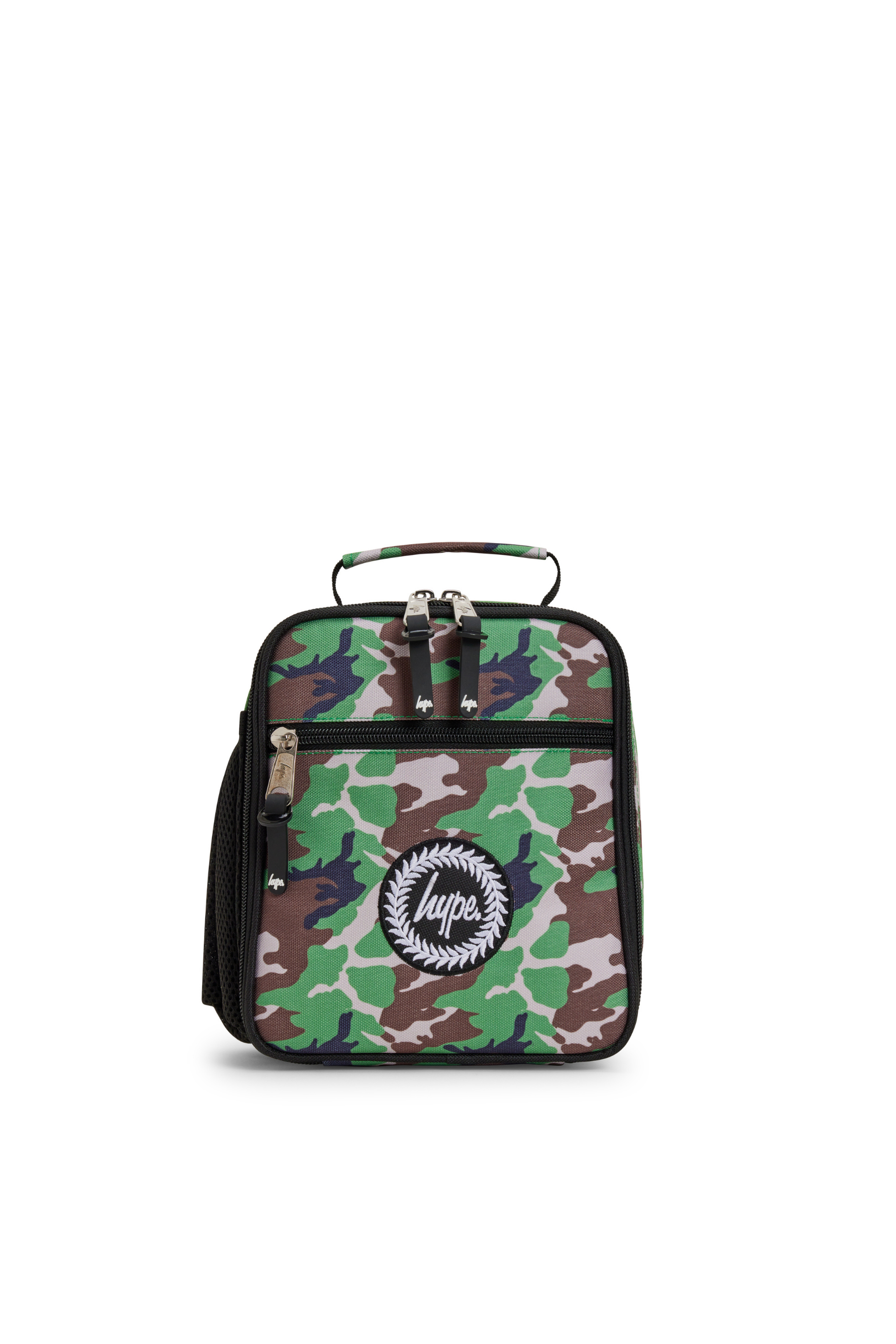 Hype Camo Crest school bag set — layout showing all pockets and design details