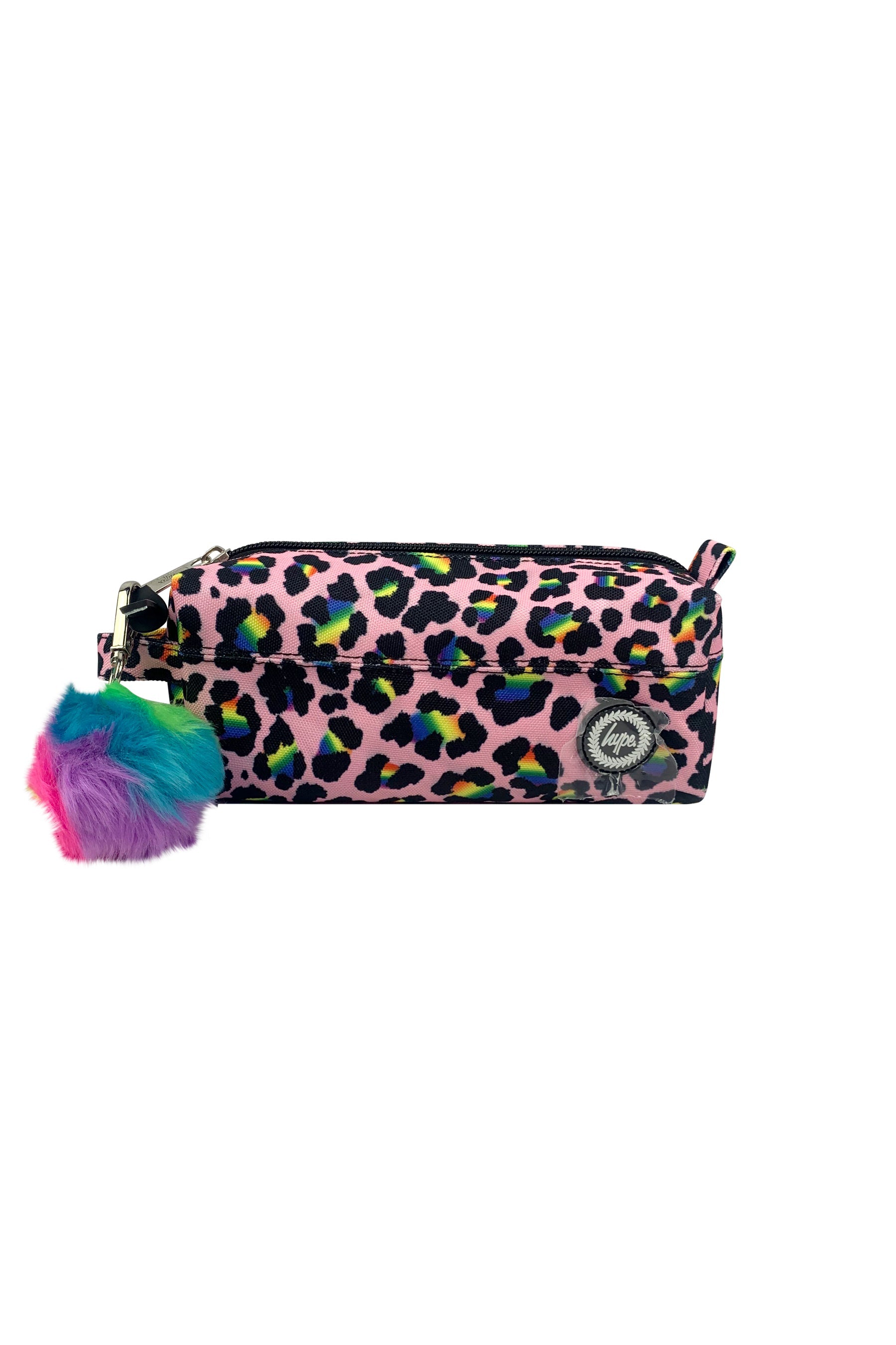 Pink leopard print pencil case with a colourful pom-pom