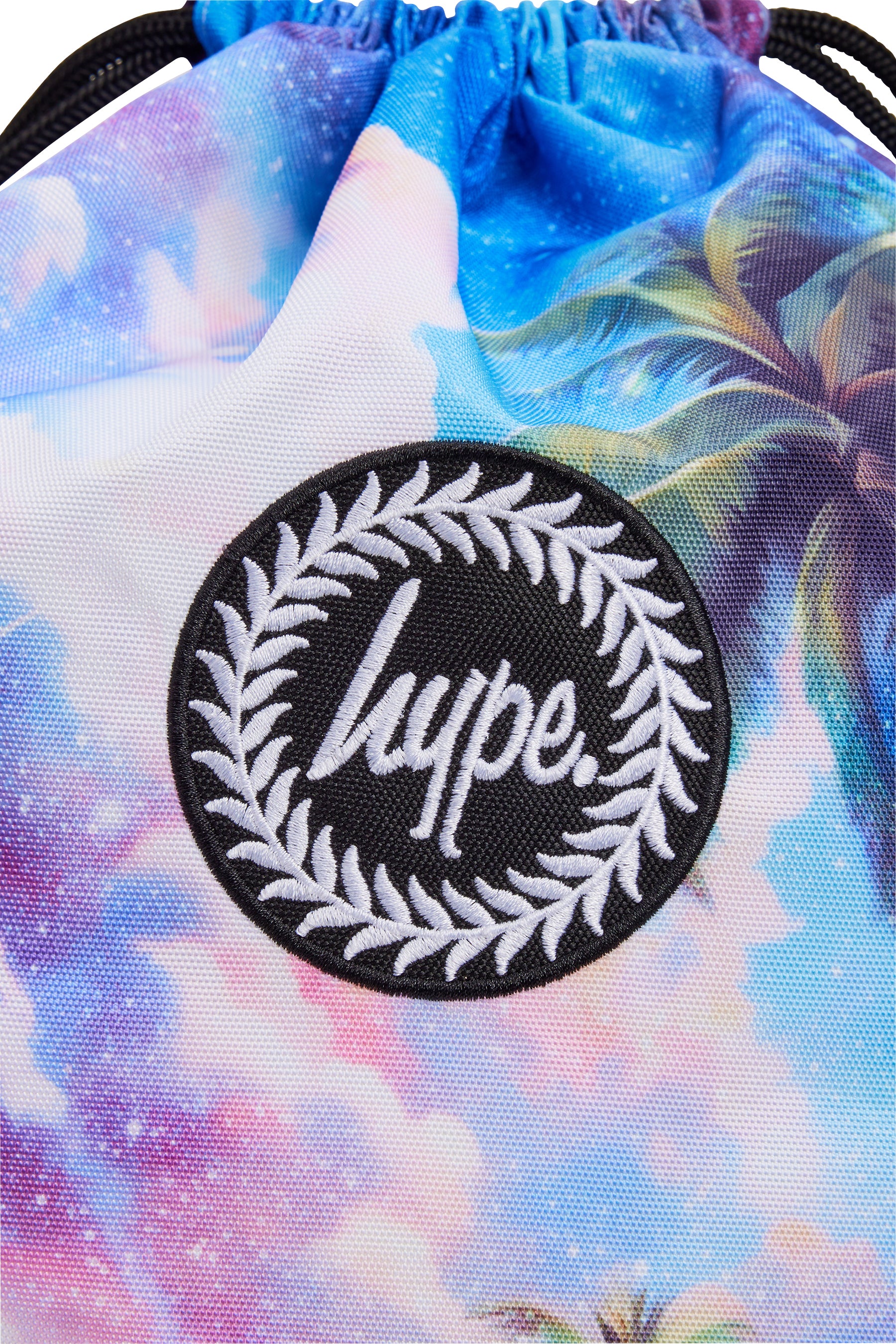 Hype Tropic Space drawstring bag — close-up of logo and design details