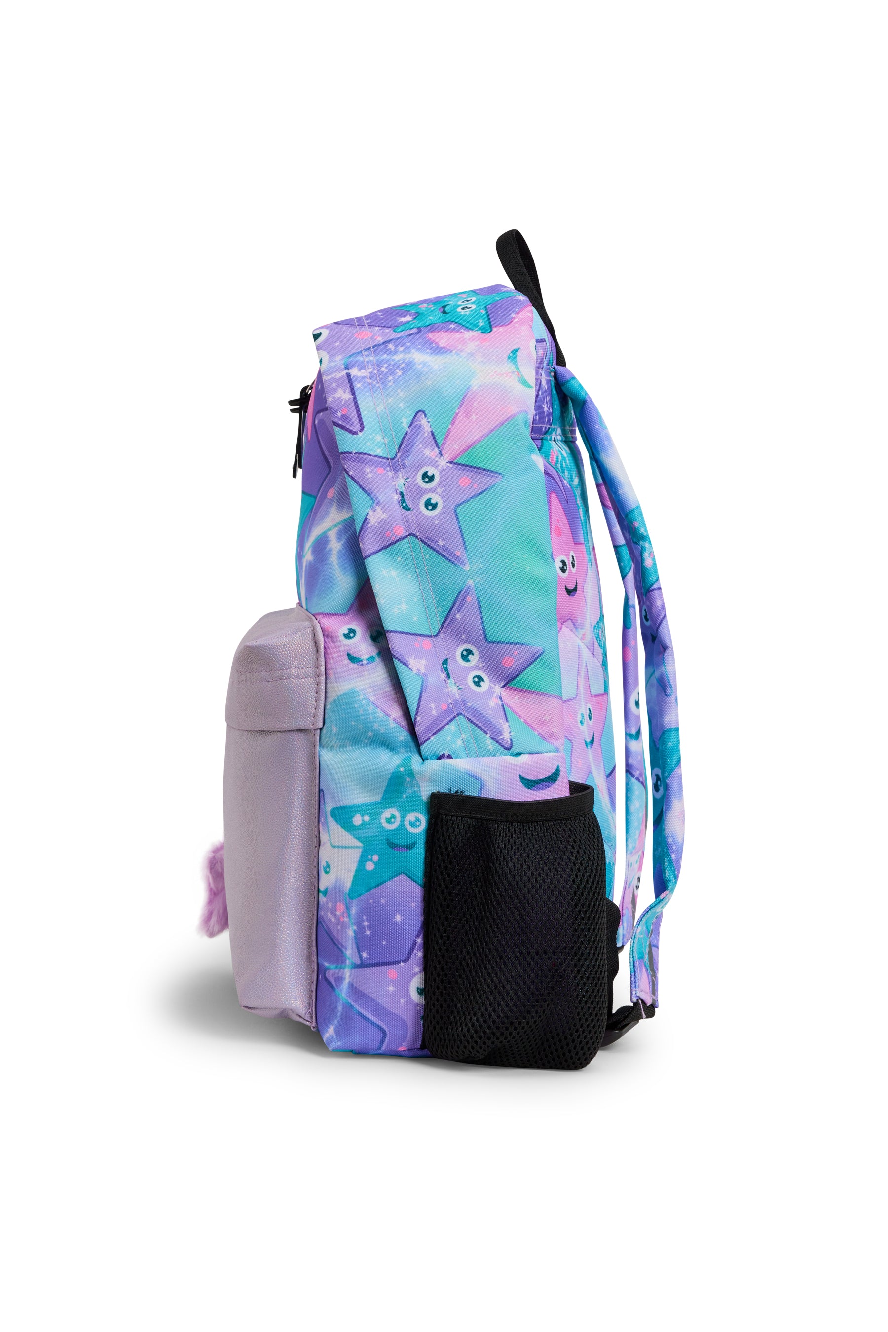 Hype Purple & Green Starfish backpack side view showing padded straps and pockets