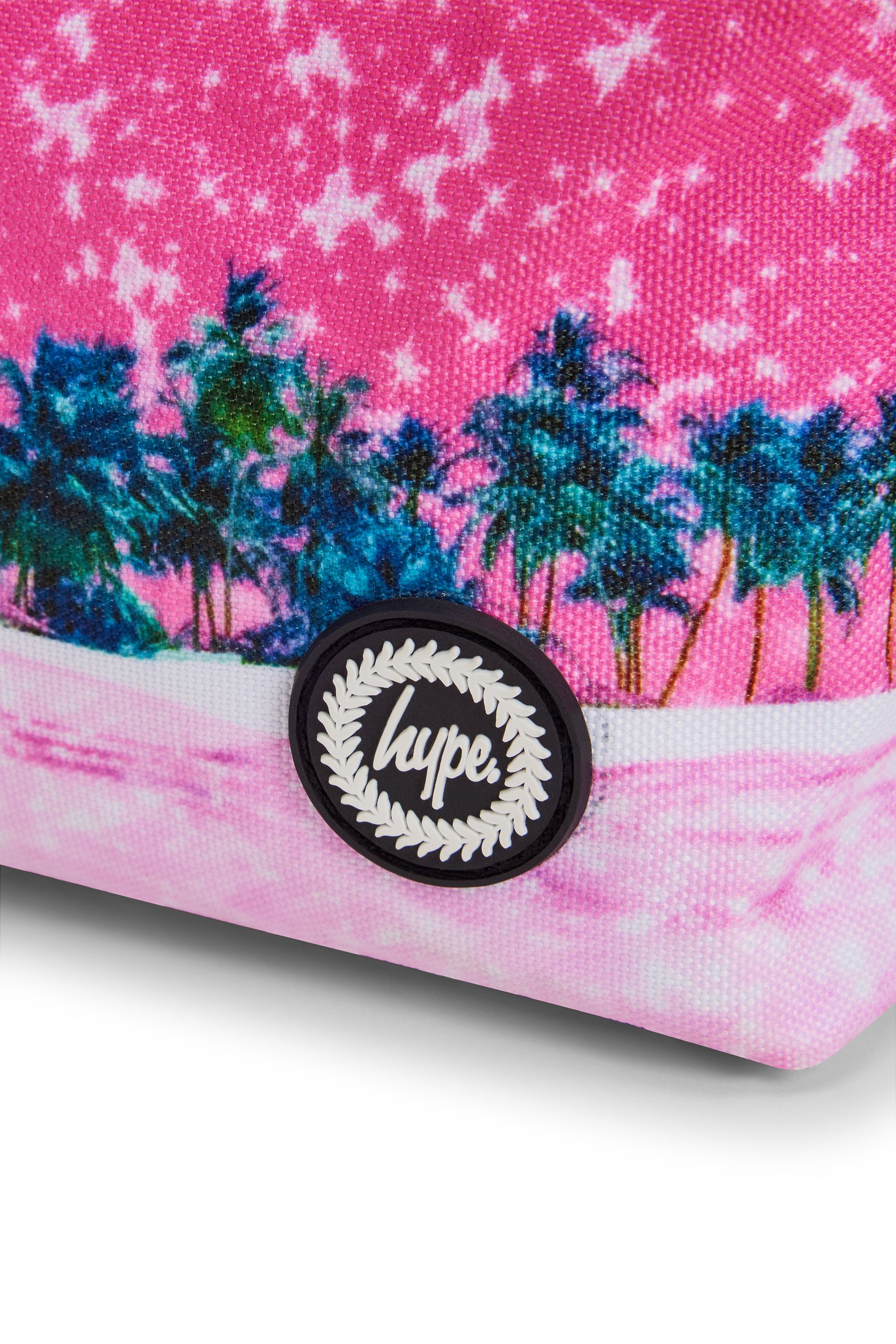 Hype Pink Palms pencil case — bold colour and print from every angle