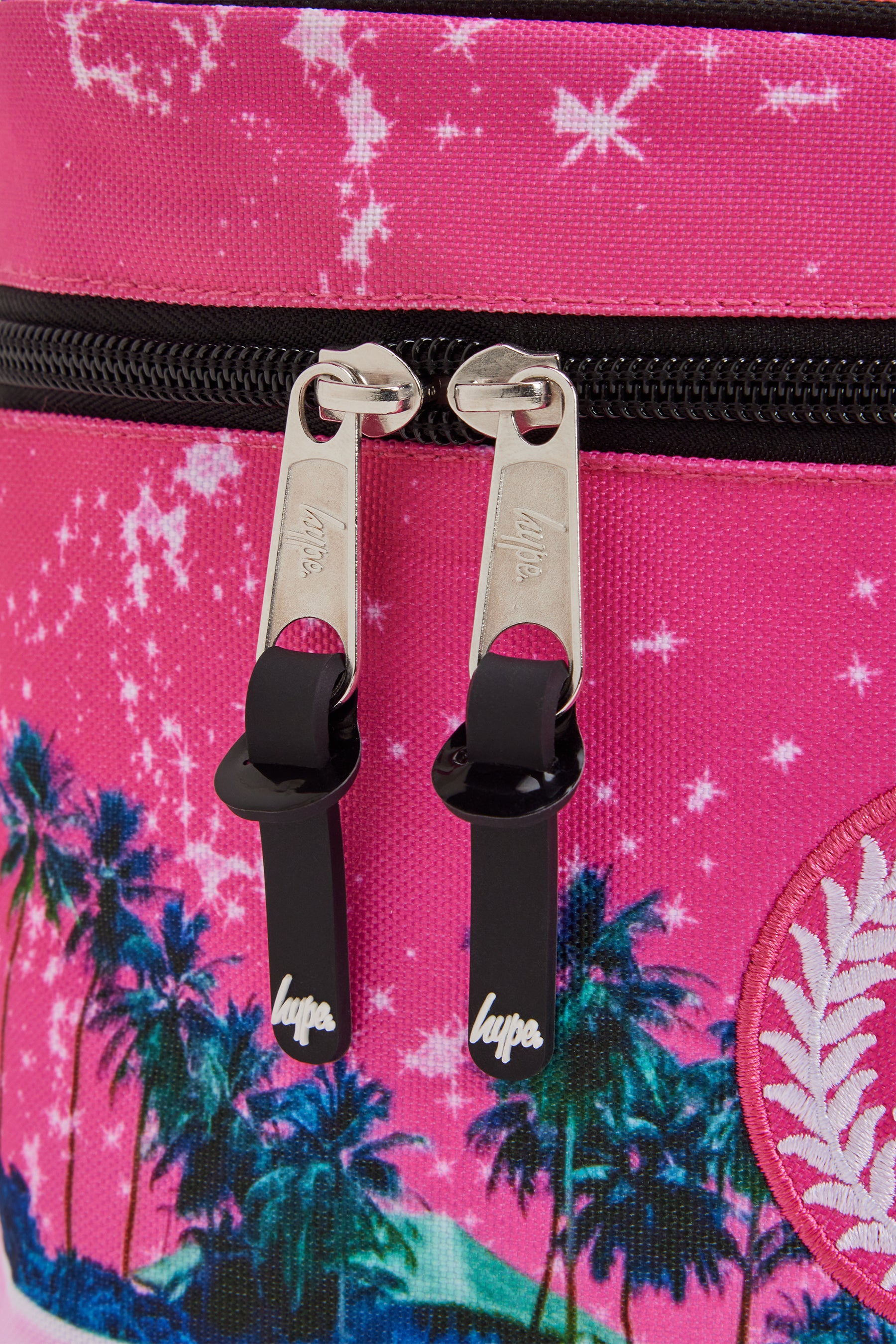 Hype Pink Palms insulated lunch bag — bold colour and print from every angle