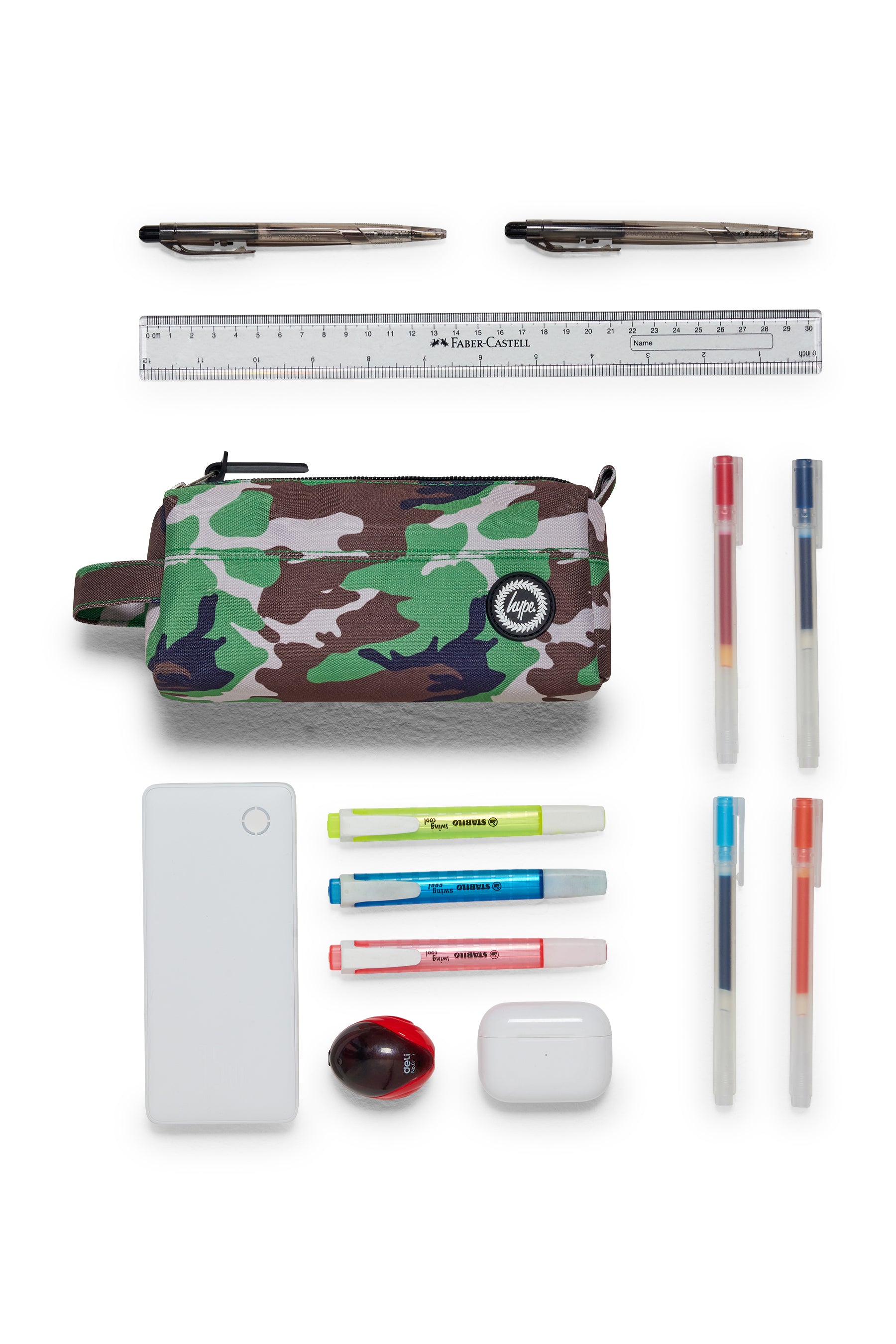 Hype Camo Crest pencil case — colour and design detail from above