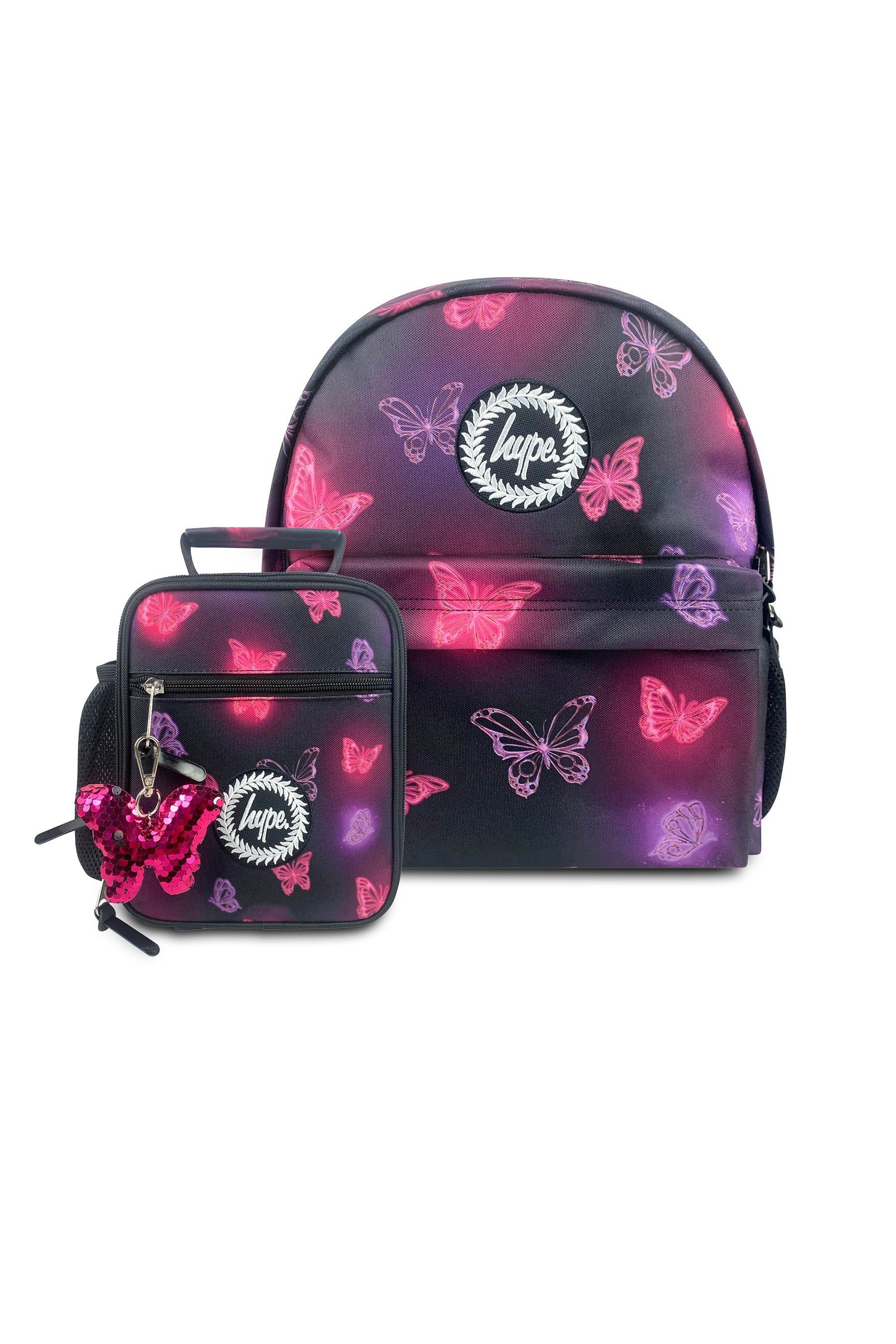 حقيبة ظهر أيقونية متوهجة باللونين الوردي والأرجواني، مجموعة من قطعتين