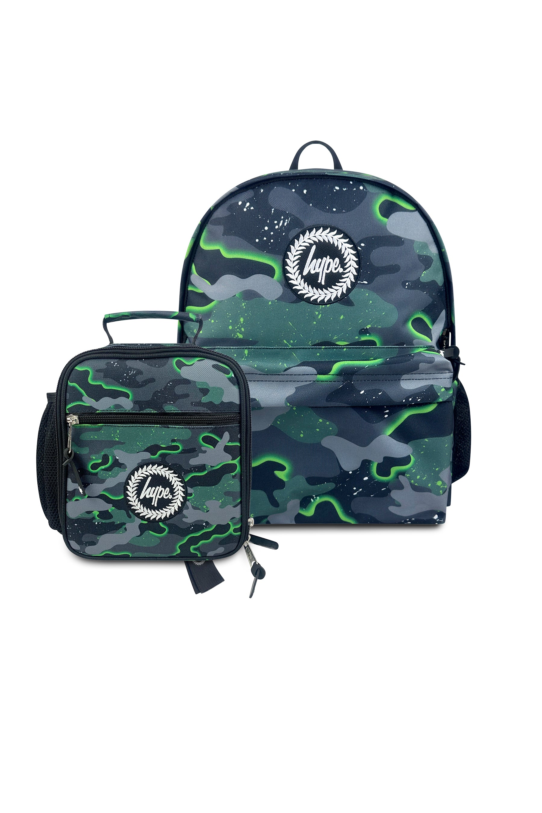 حقيبة ظهر أيقونية خضراء متوهجة مموهة، مجموعة من قطعتين