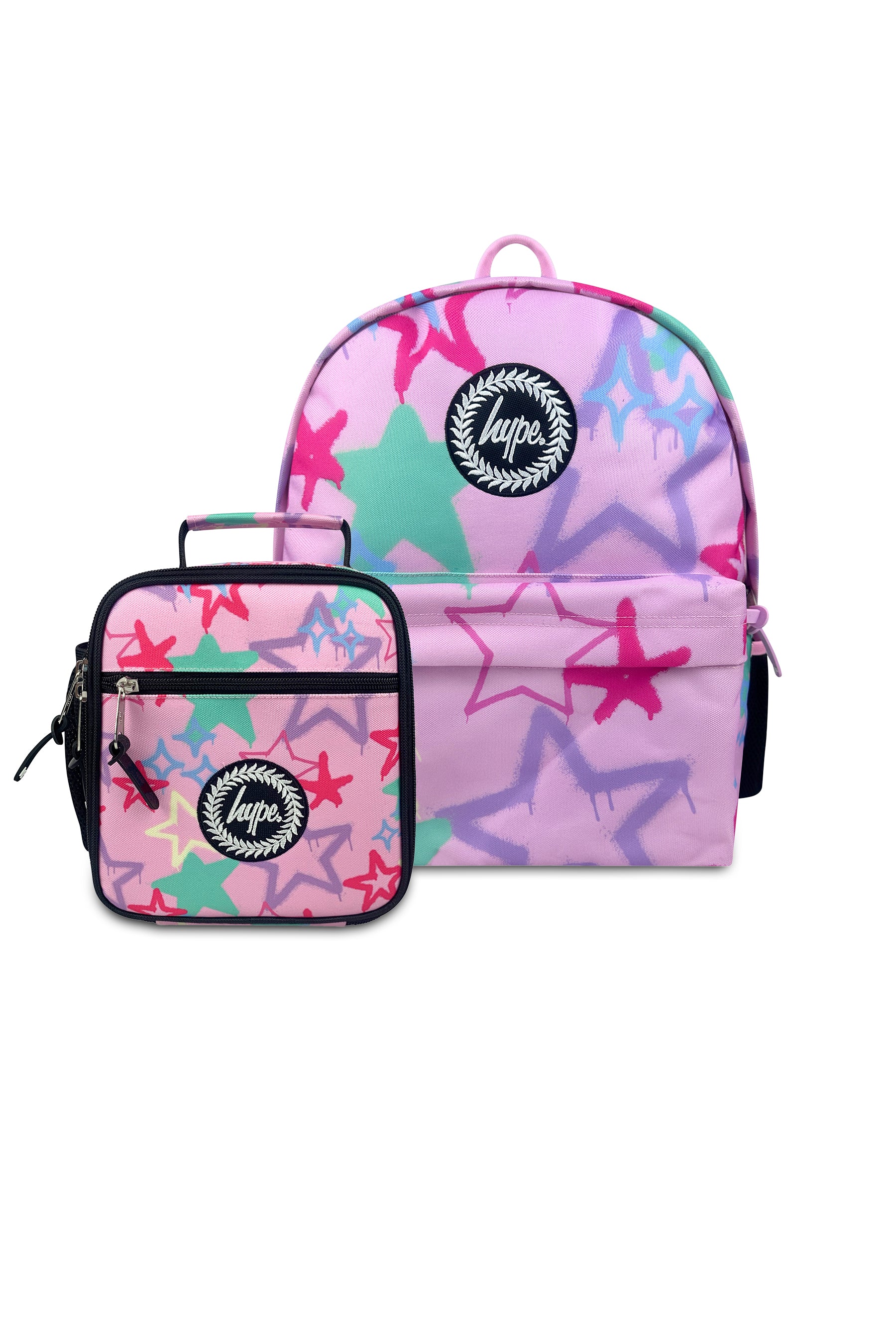 حقيبة ظهر أيقونية بنجوم جرافيتي وردية اللون، مجموعة من قطعتين