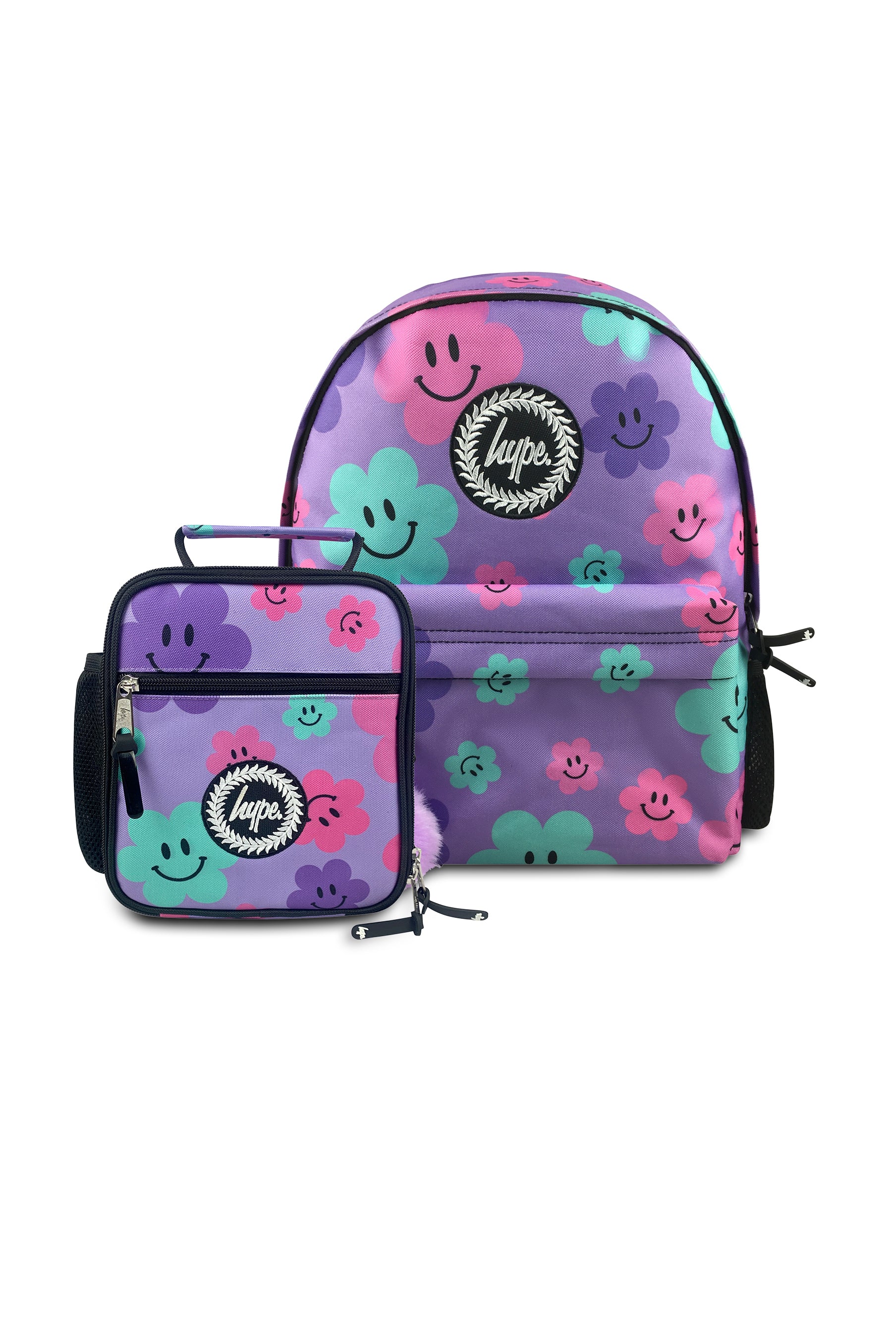 حقيبة ظهر أيقونية بنقشة زهور سعيدة بنفسجية، مجموعة من قطعتين