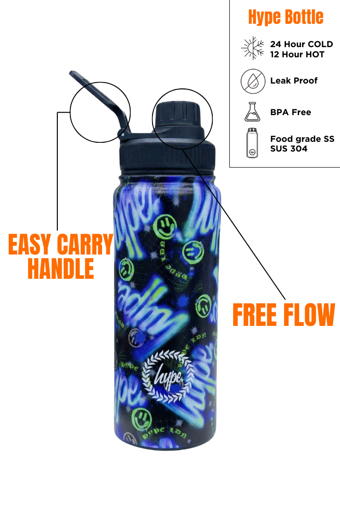 Hype Blue & Green Electric Smile insulated water bottle front view — vibrant print and durable build