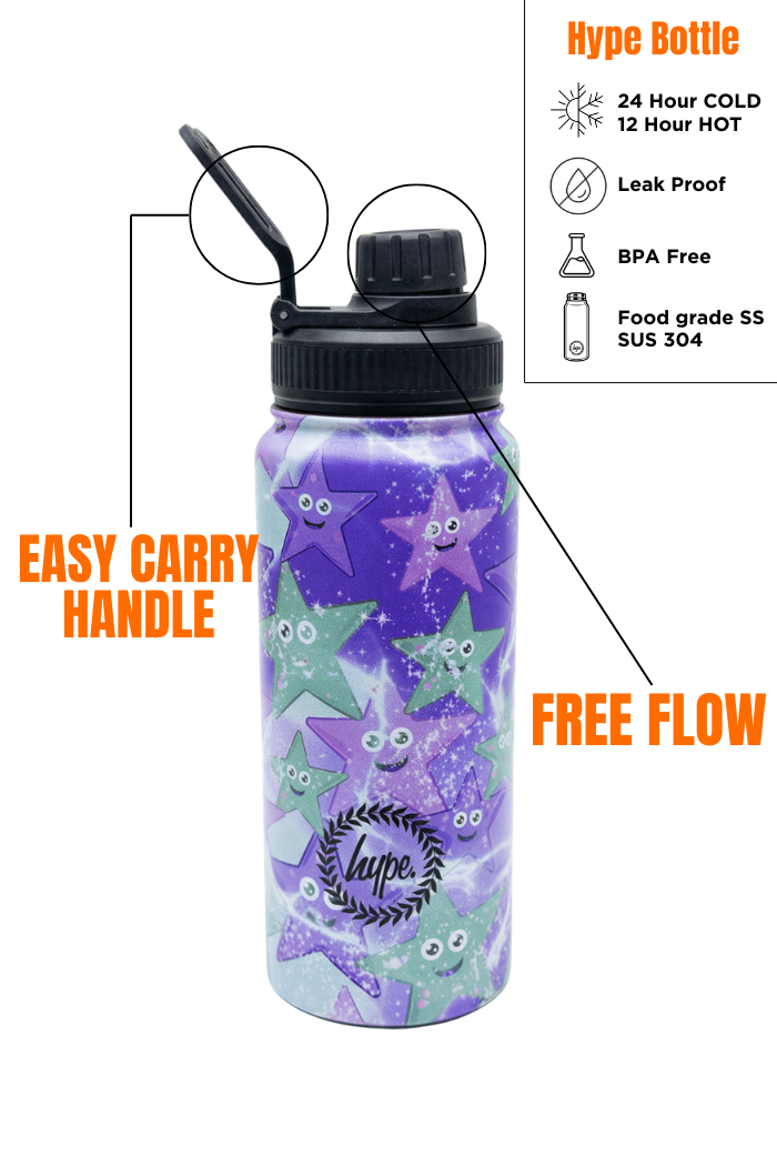 Hype Purple & Green Starfish insulated water bottle front view — vibrant print and durable build