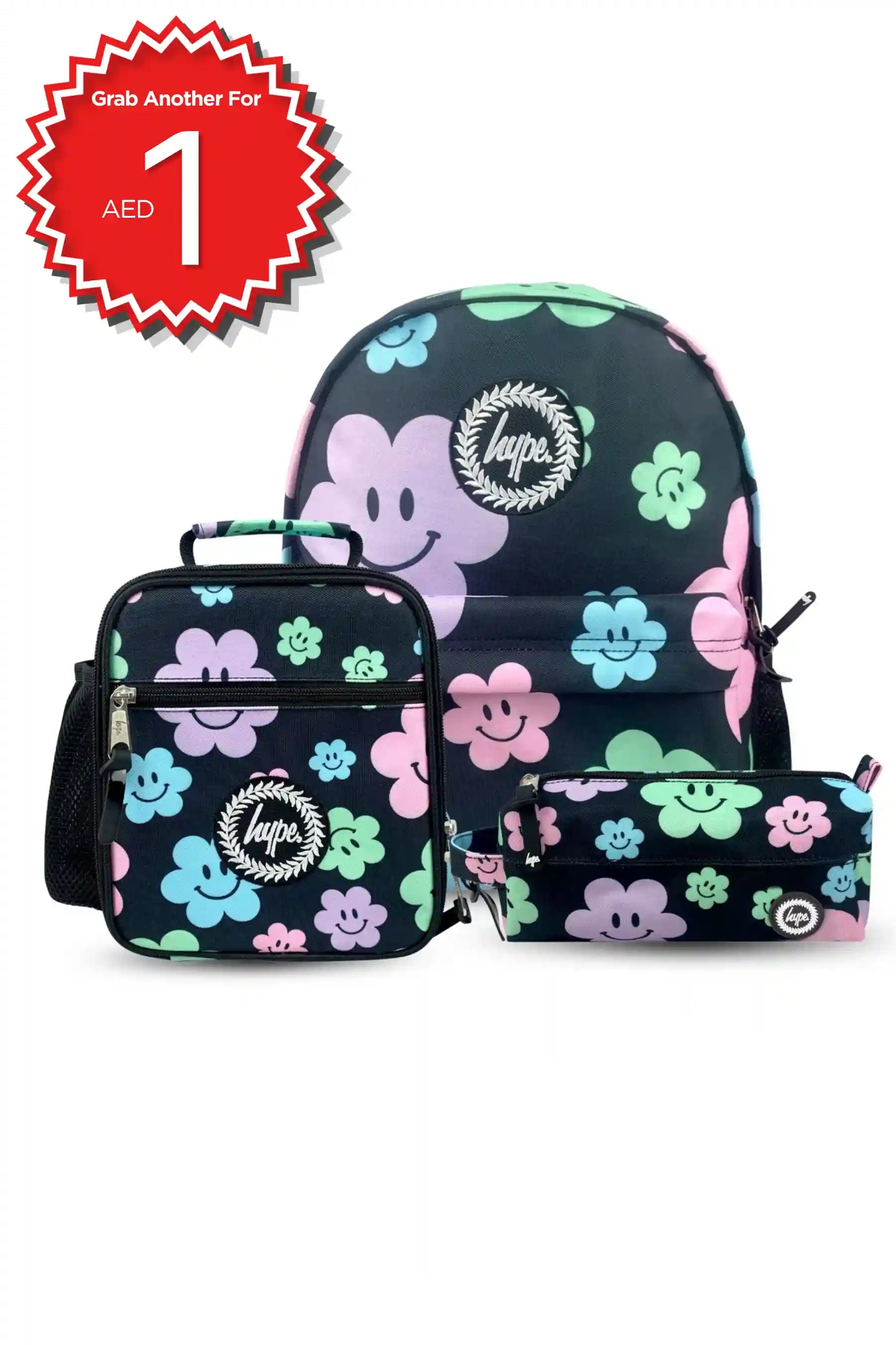 Hype Black Happy Flowers girls' school bag set — bold design for school in UAE