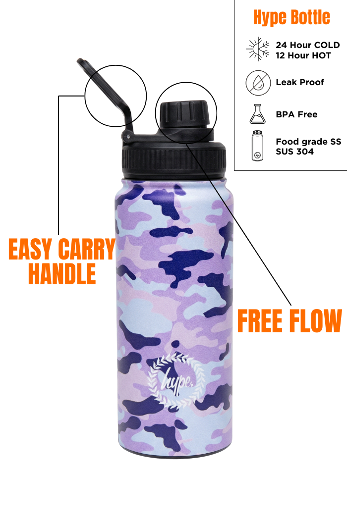 Hype Pink & Blue Evie Camo insulated water bottle front view — vibrant print and durable build