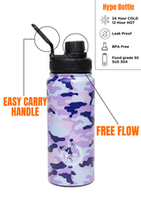 Hype Pink & Blue Evie Camo insulated water bottle front view — vibrant print and durable build
