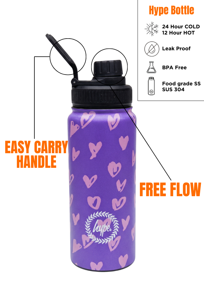 Hype Purple & Pink Scribble Heart insulated water bottle front view — vibrant print and durable...