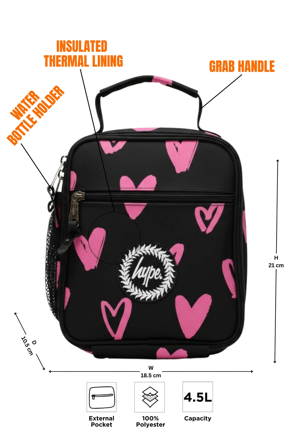 Lunch Bag Insulated Black & Pink Scribble Heart