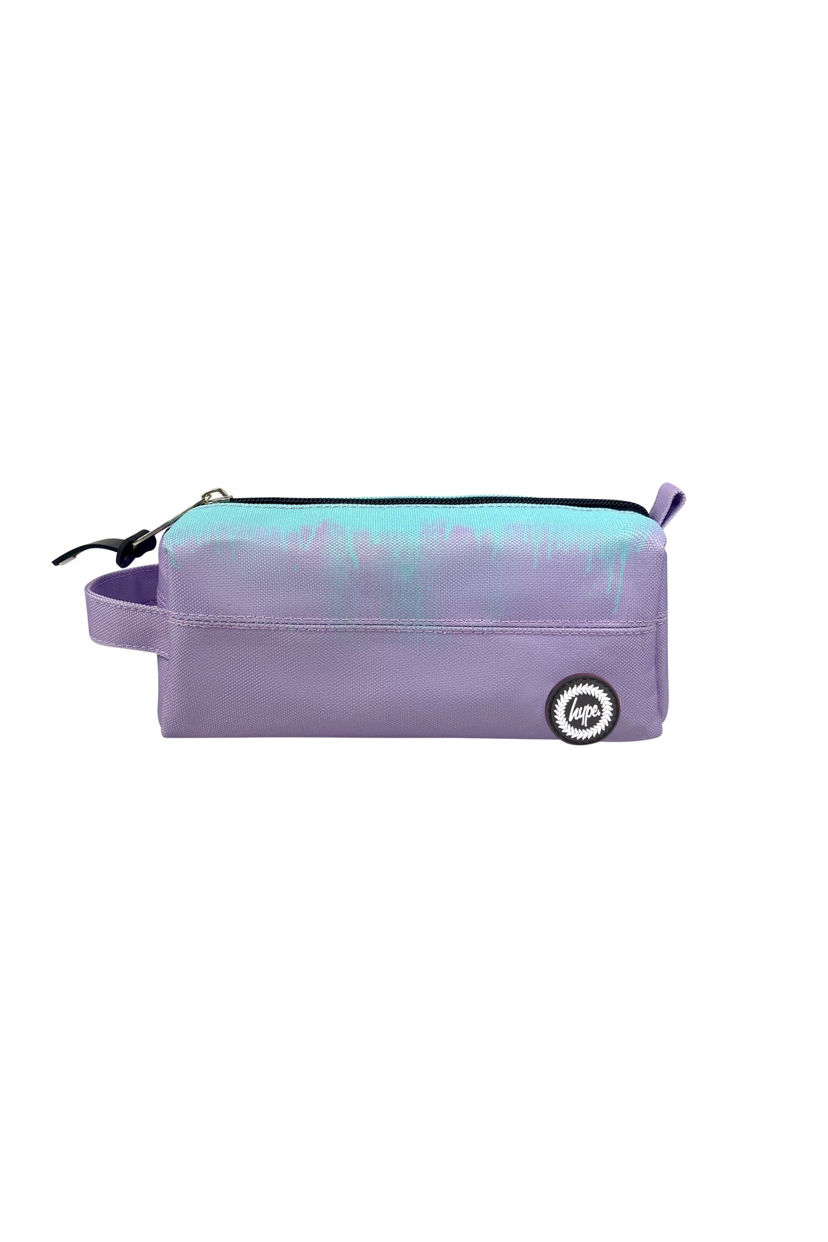 Hype Lilac & Teal Drips school bag set — layout showing all pockets and design details