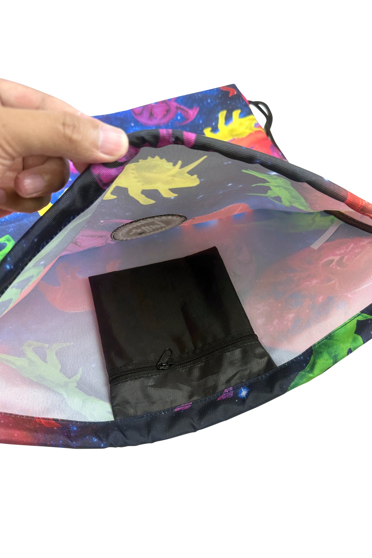 Hype Space Dinosaur drawstring bag — detail view of print and material quality