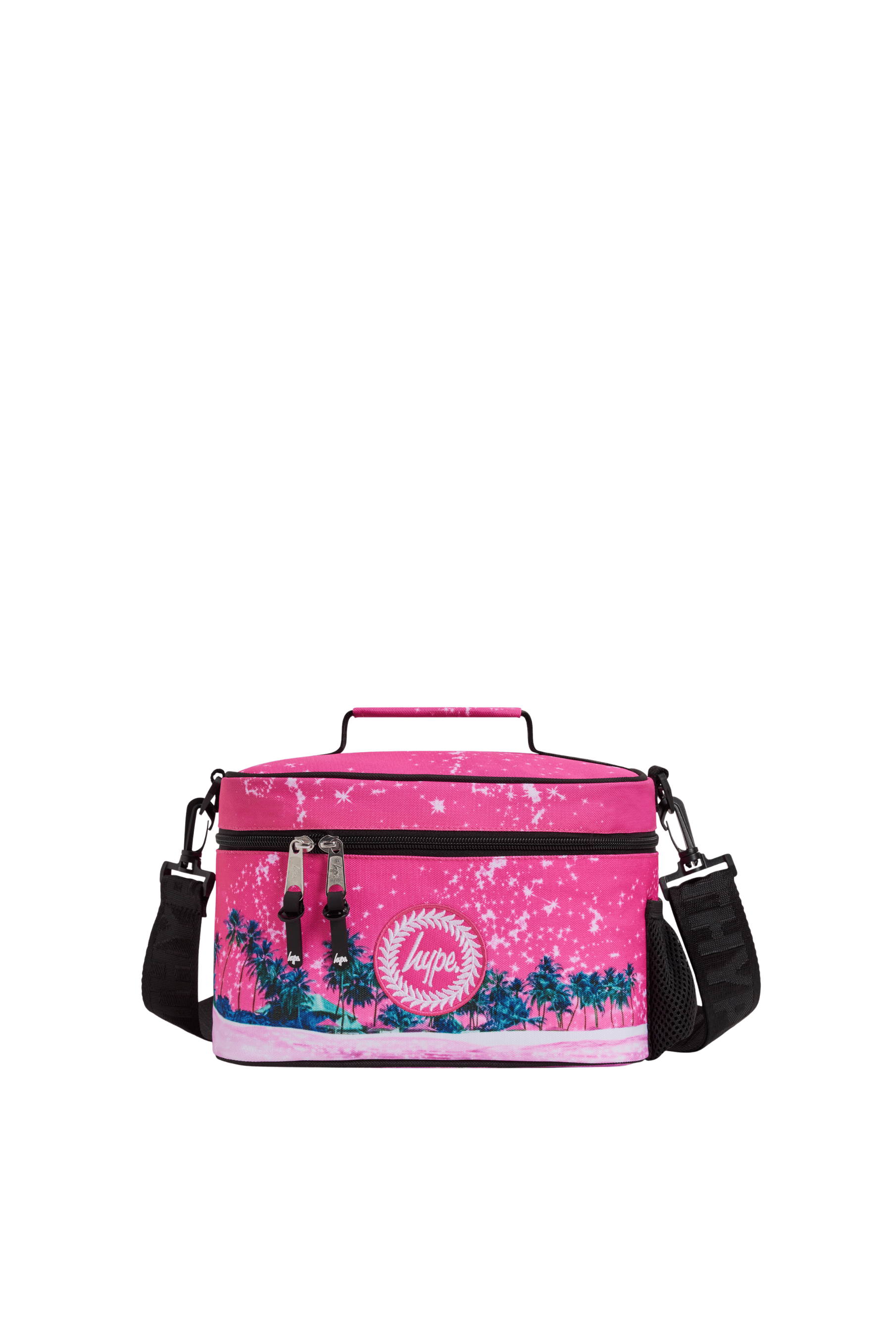 Hype Pink Palms school bag set open interior — compartments and features