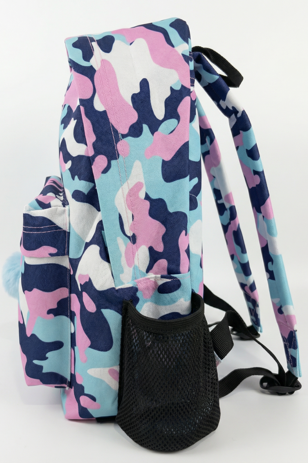 Hype Pink & Blue Evie Camo backpack side view showing padded straps and pockets