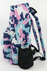Hype Pink & Blue Evie Camo backpack side view showing padded straps and pockets