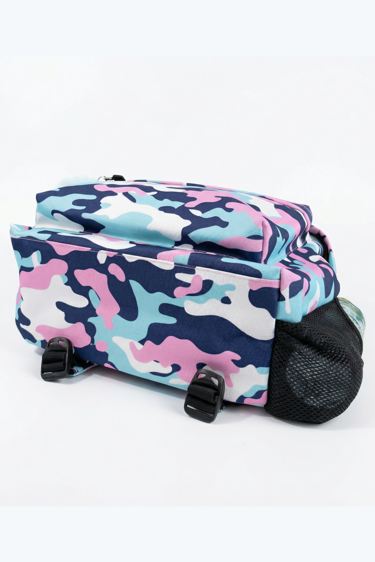 Hype Pink & Blue Evie Camo backpack — dimensions and size reference for school use