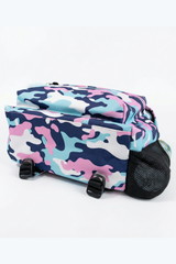 Hype Pink & Blue Evie Camo backpack — dimensions and size reference for school use
