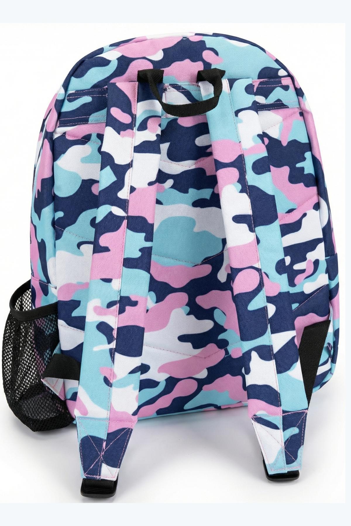 Hype Pink & Blue Evie Camo backpack interior — main compartment and front pocket detail