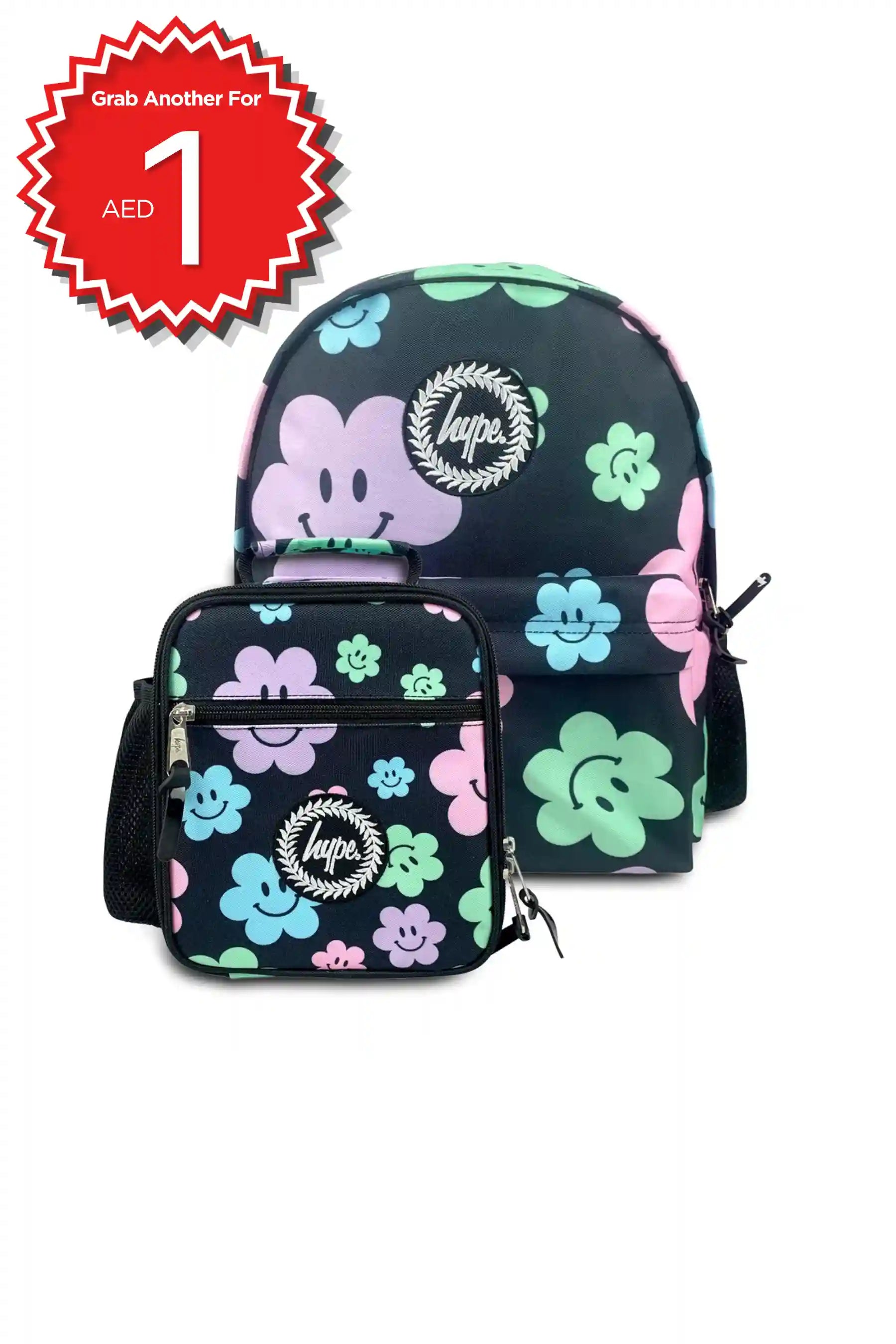 Hype Black Happy Flowers girls' school bag set — bold design for school in UAE