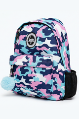 Hype Pink & Blue Evie Camo backpack front view — vibrant print and durable build