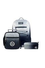 Set of three bags including a backpack, crossbody bag, and pouch.