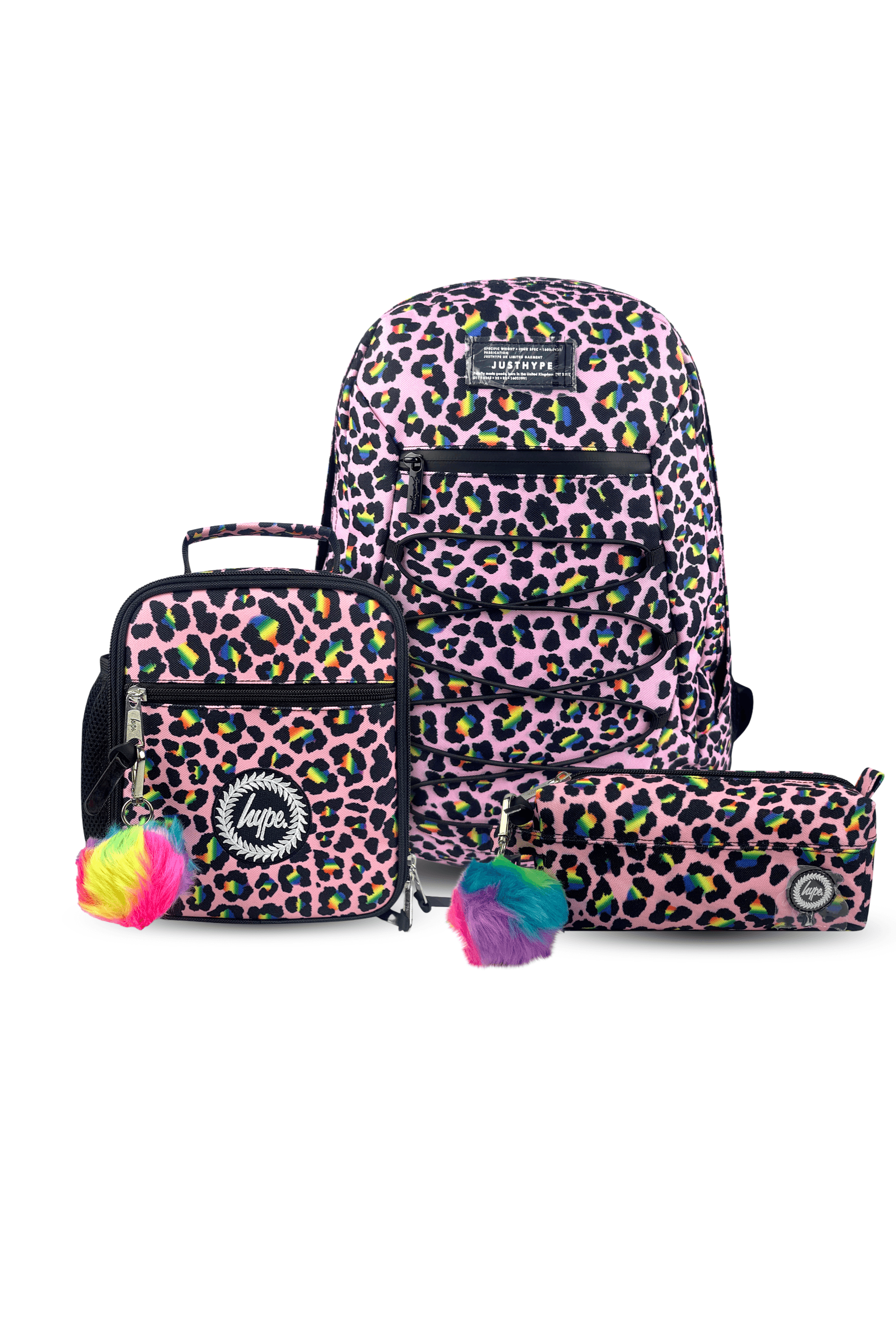 Maxi Backpack Pink Disco Leopard Set of 3 featuring a backpack, lunchbox, and pencil case with vibrant leopard print and rainbow pom-pom keychains. Ideal for girls 10+ and back-to-school bundles.