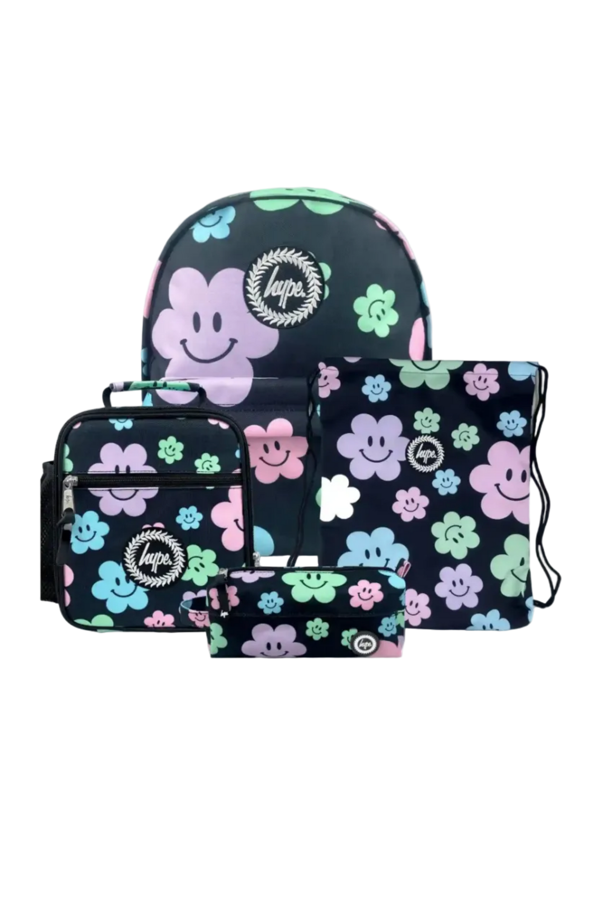 Hype Black Happy Flowers girls' school bag set — bold design for school in UAE