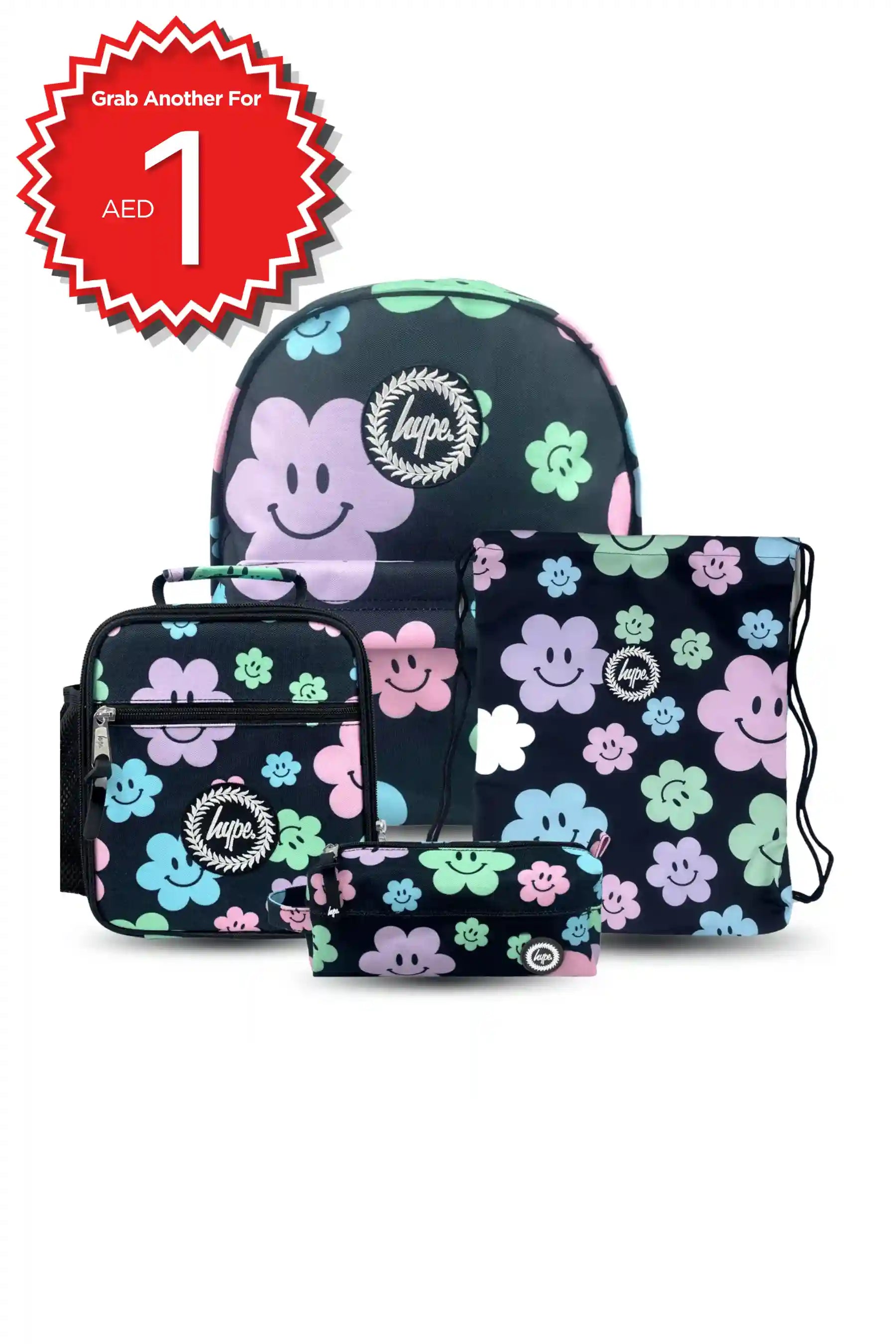 Hype Black Happy Flowers girls' school bag set — bold design for school in UAE