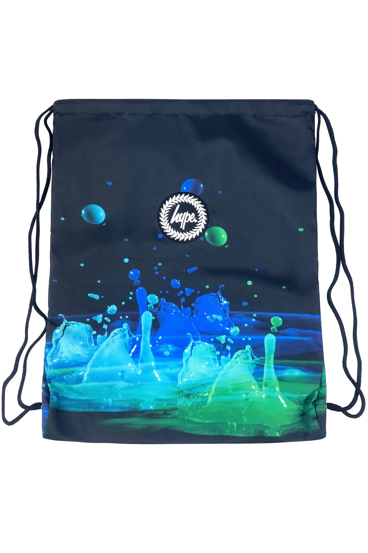 Drawstring bag with water splash design and logo, back-to-school essentials