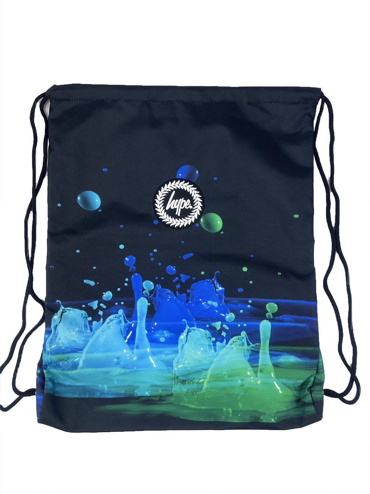 Hype Black 3D Droplets drawstring bag front view — vibrant print and durable build