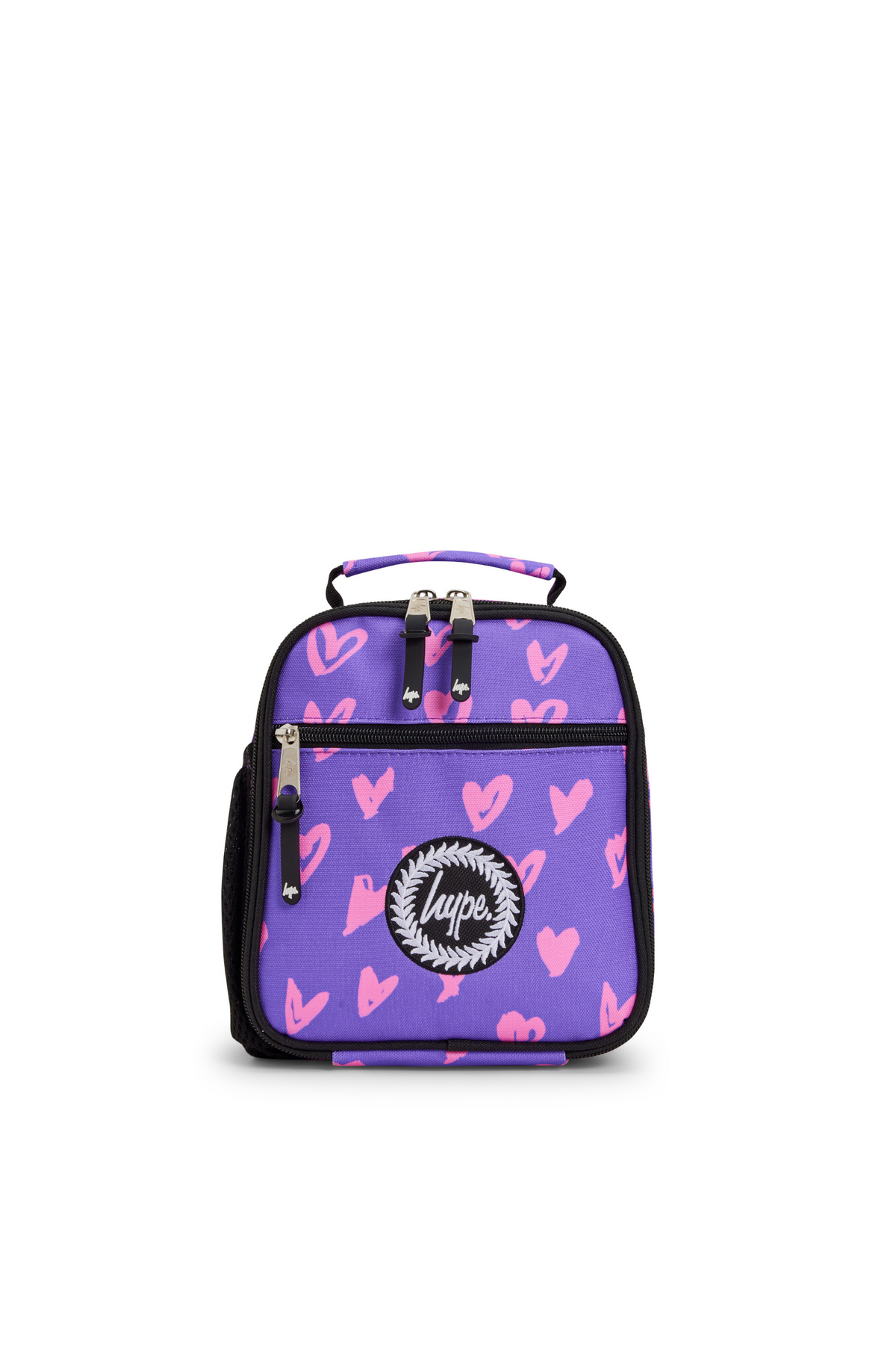 Hype Purple / Pink Scribble Heart school accessory open interior — compartments and features