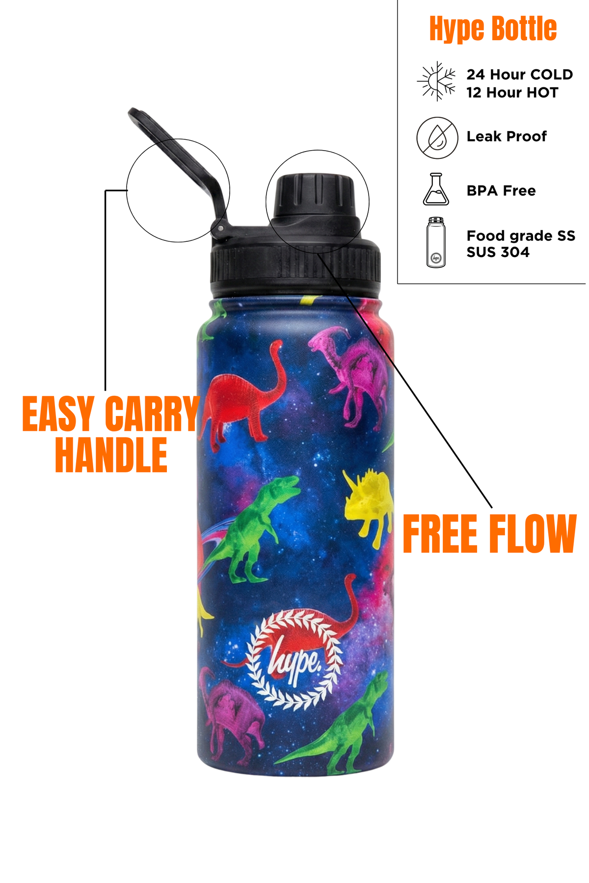 Hype Space Dinosaurs insulated water bottle front view — vibrant print and durable build