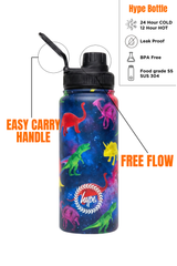 Hype Space Dinosaurs insulated water bottle front view — vibrant print and durable build