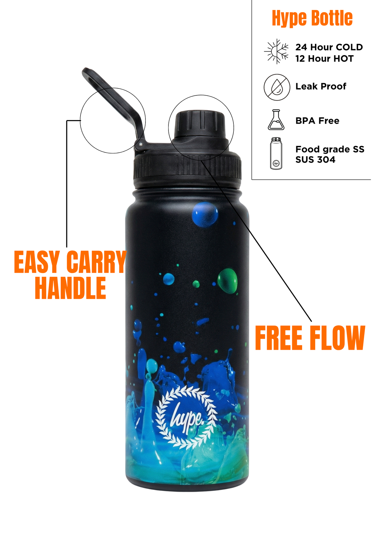 Hype Black 3D Droplets insulated water bottle front view — vibrant print and durable build