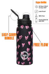 Hype Black & Pink Scribble Heart insulated water bottle front view — vibrant print and durable build