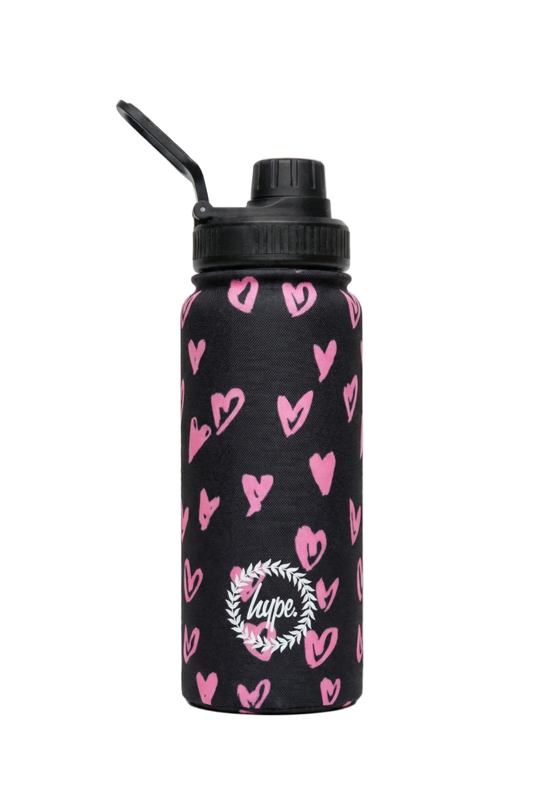 Insulated Bottle - 600ml Black & Pink Scribble Heart