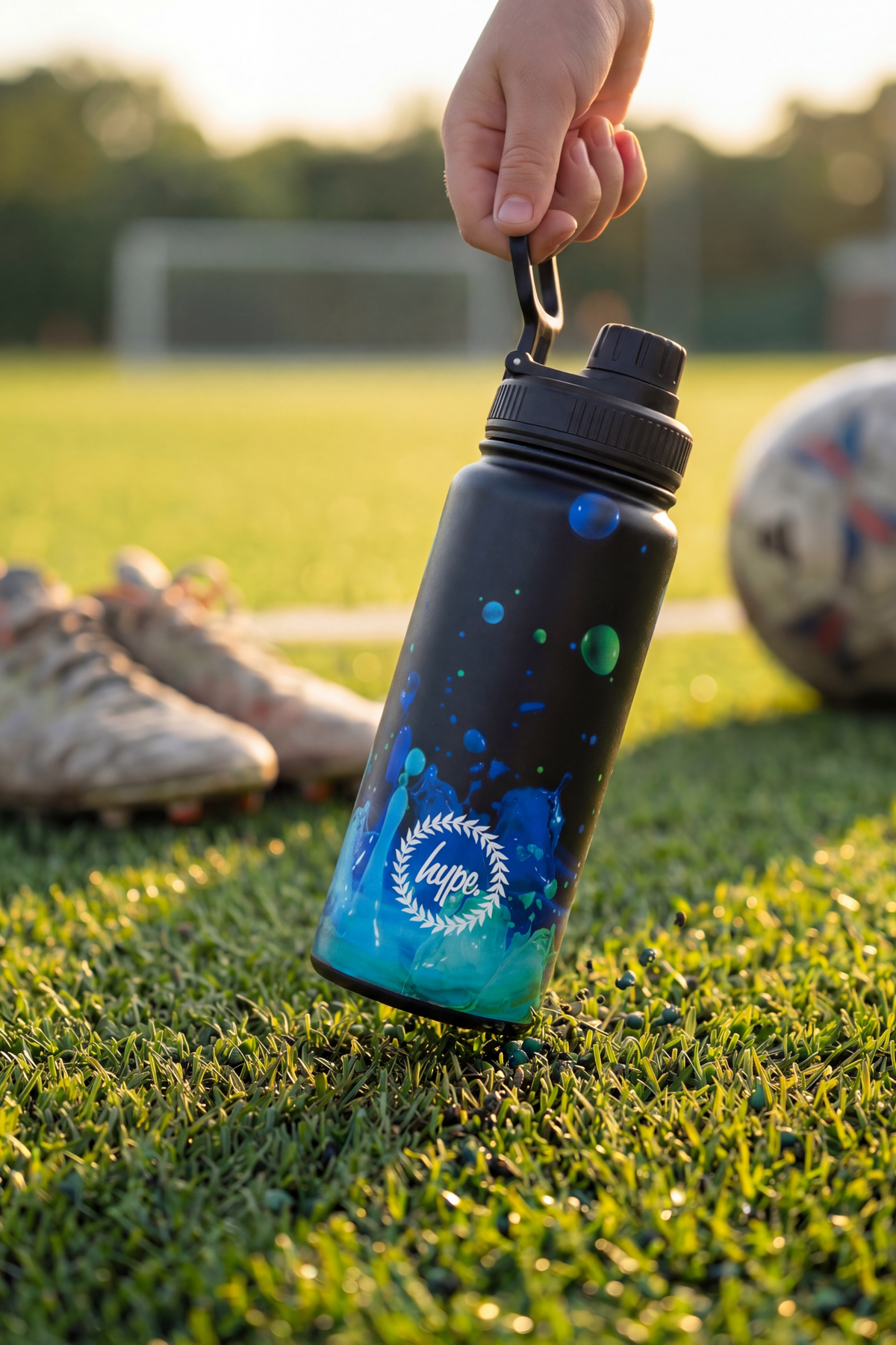 Hype Black 3D Droplets bottle with lid open — easy-pour spout and clean finish