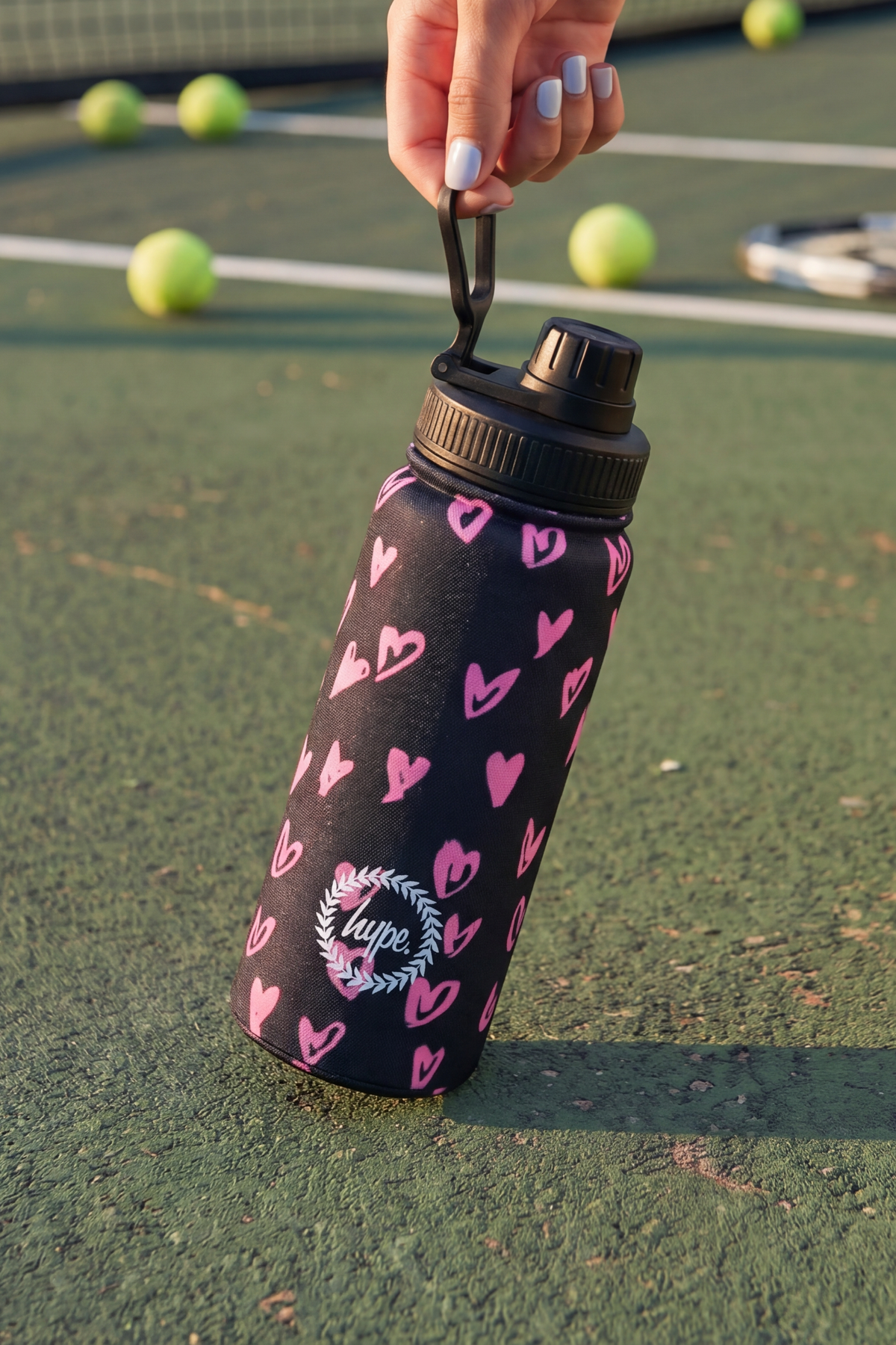 Hype Black & Pink Scribble Heart bottle with lid open — easy-pour spout and clean finish