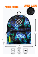 Hype Blue & Green Electric Smile backpack — colour and design detail from above