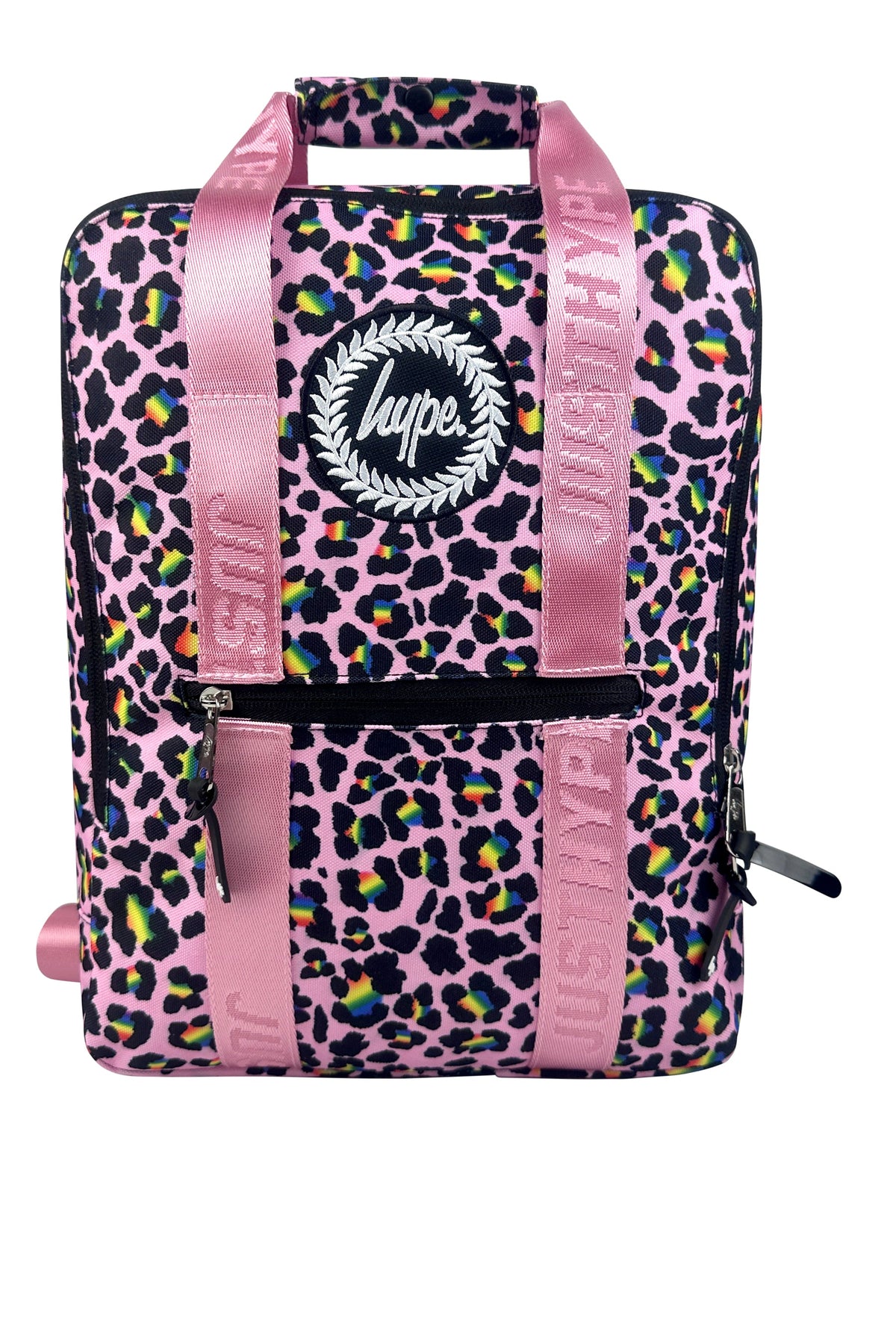 Pink leopard print backpack with matching pink straps