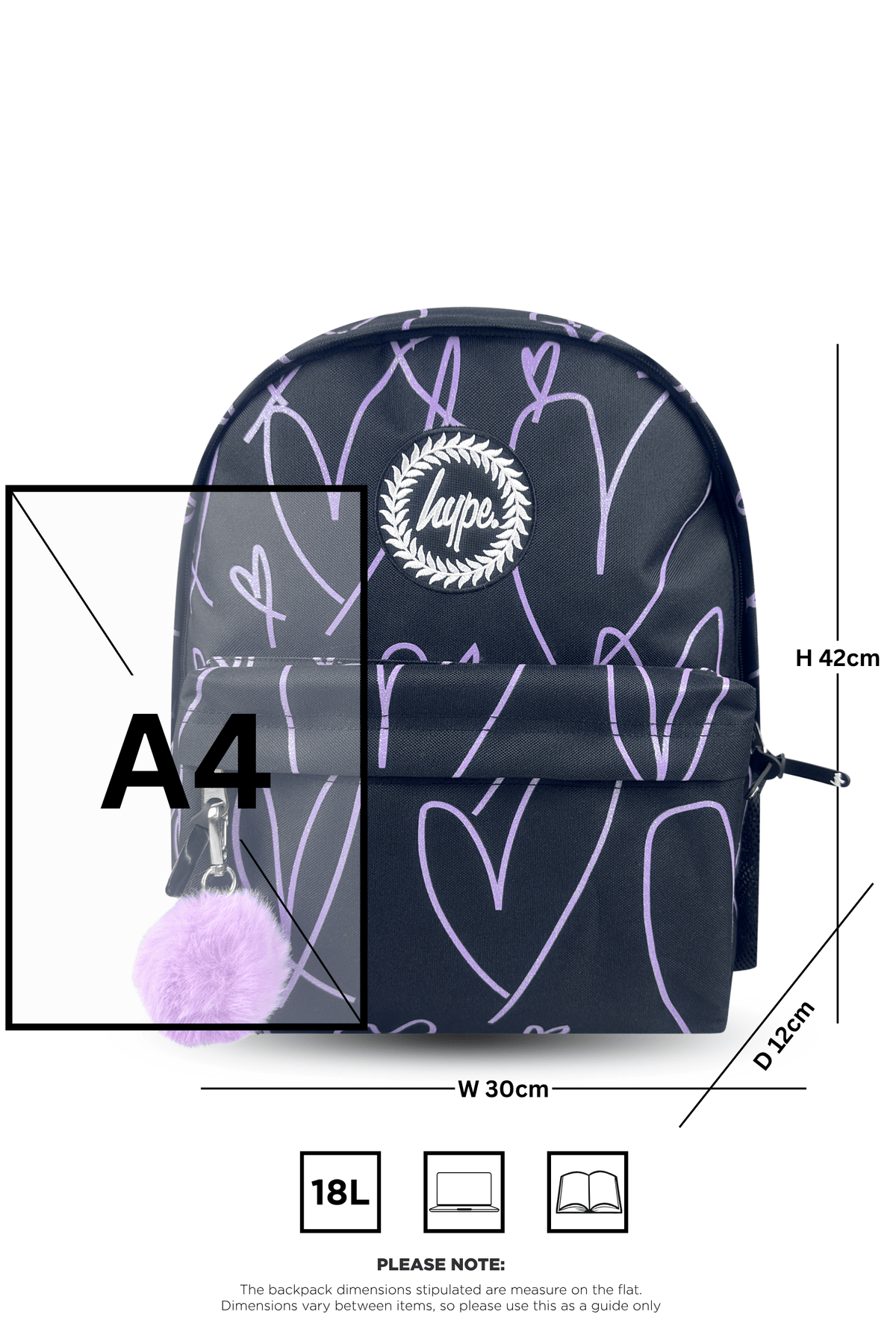 Hype Black & Purple Glitter Scribble Hearts backpack side view showing padded straps and pockets